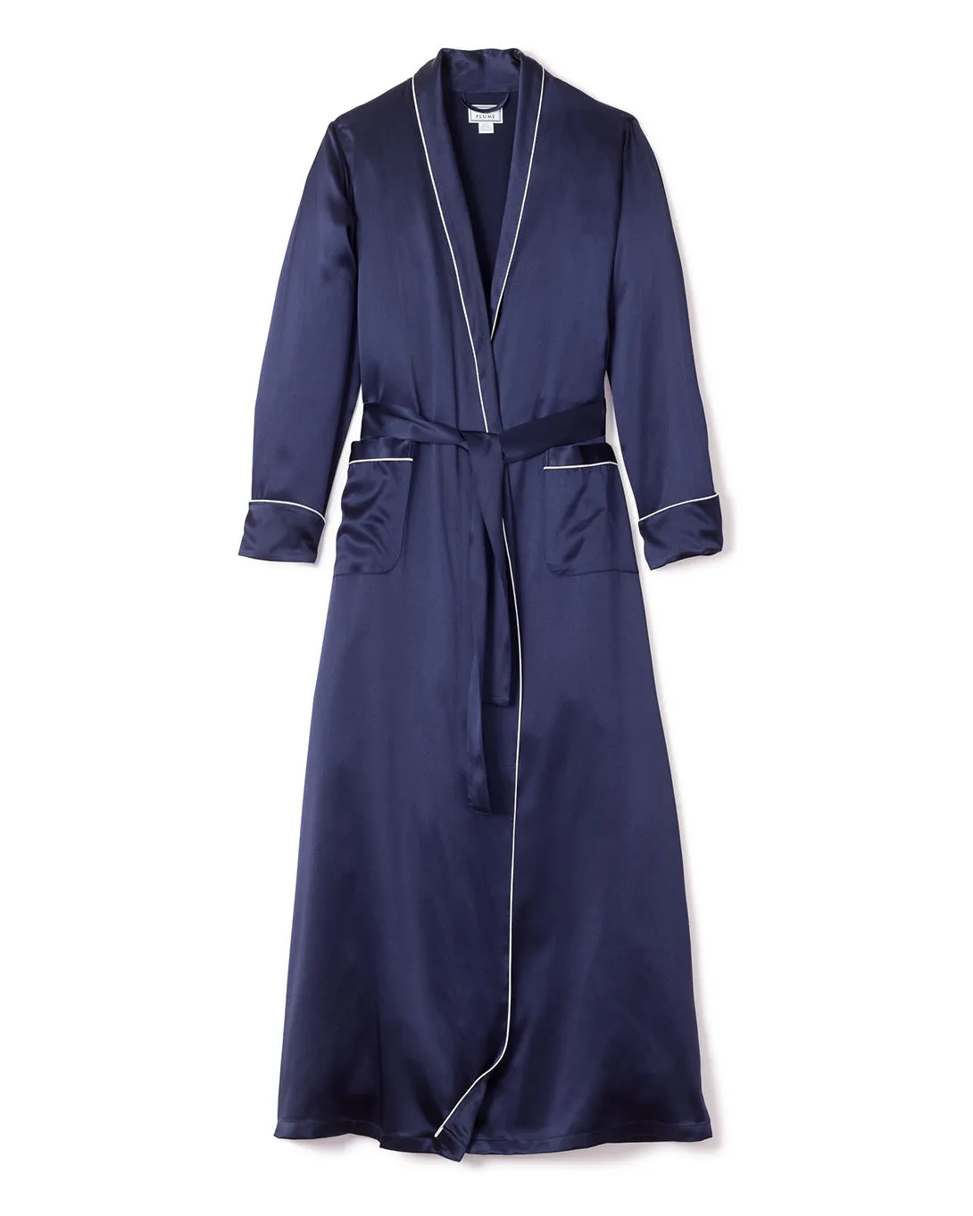 Women's Silk Long Robe in Navy sold by Petite Plume