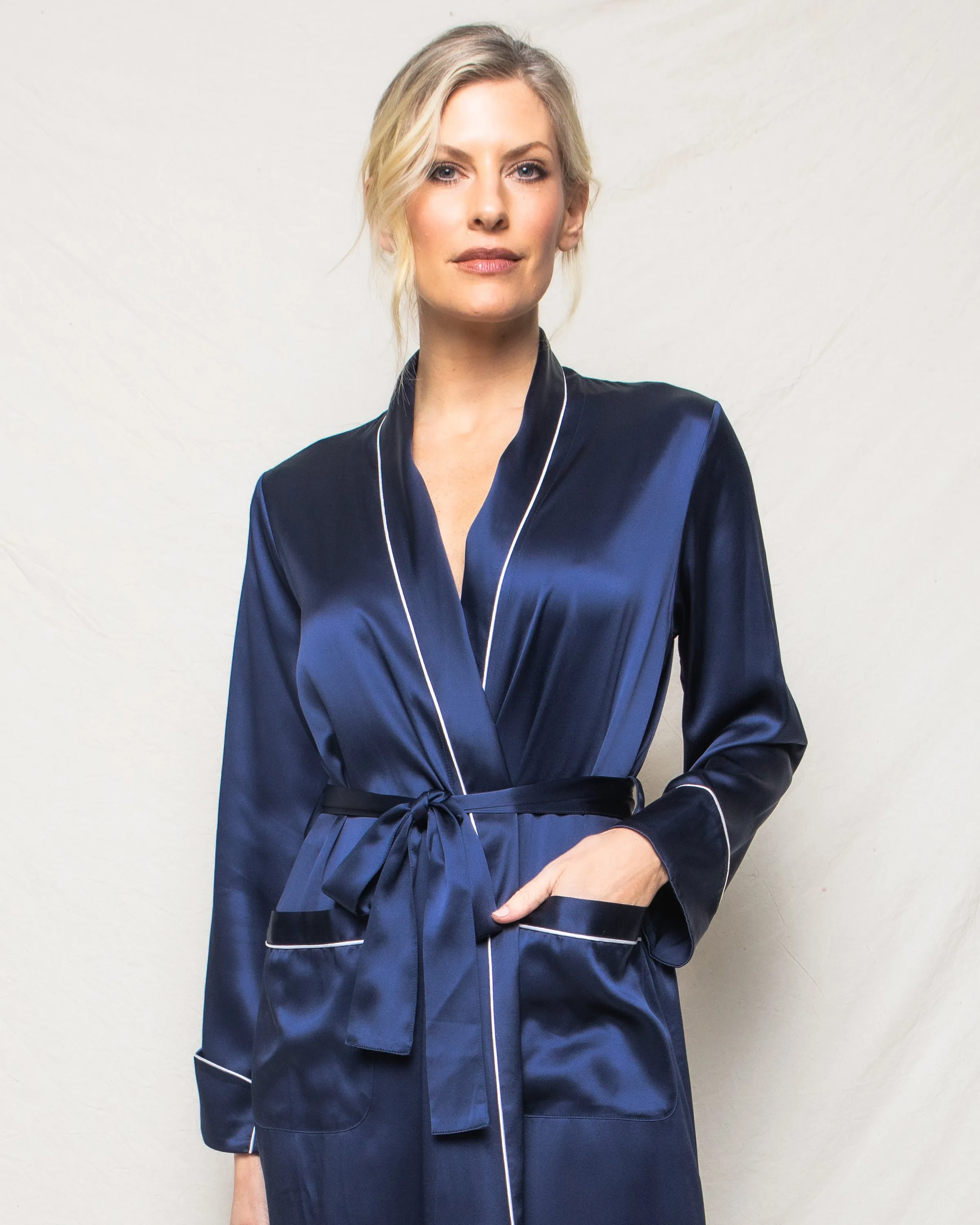 Women's Silk Long Robe in Navy sold by Petite Plume product image thumbnail 3
