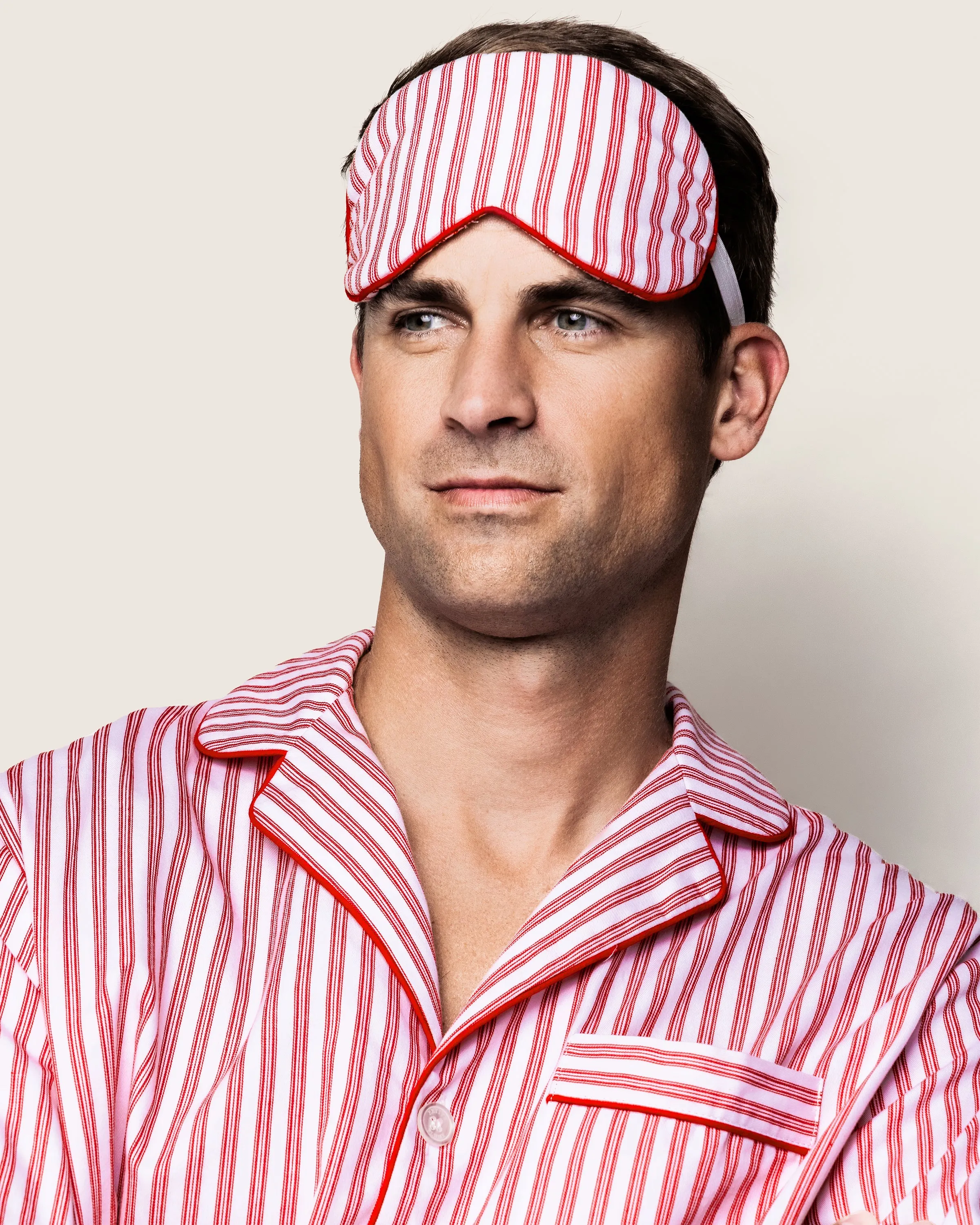 Adult's Twill Sleep Mask in Antique Red Ticking sold by Petite Plume product image thumbnail 2