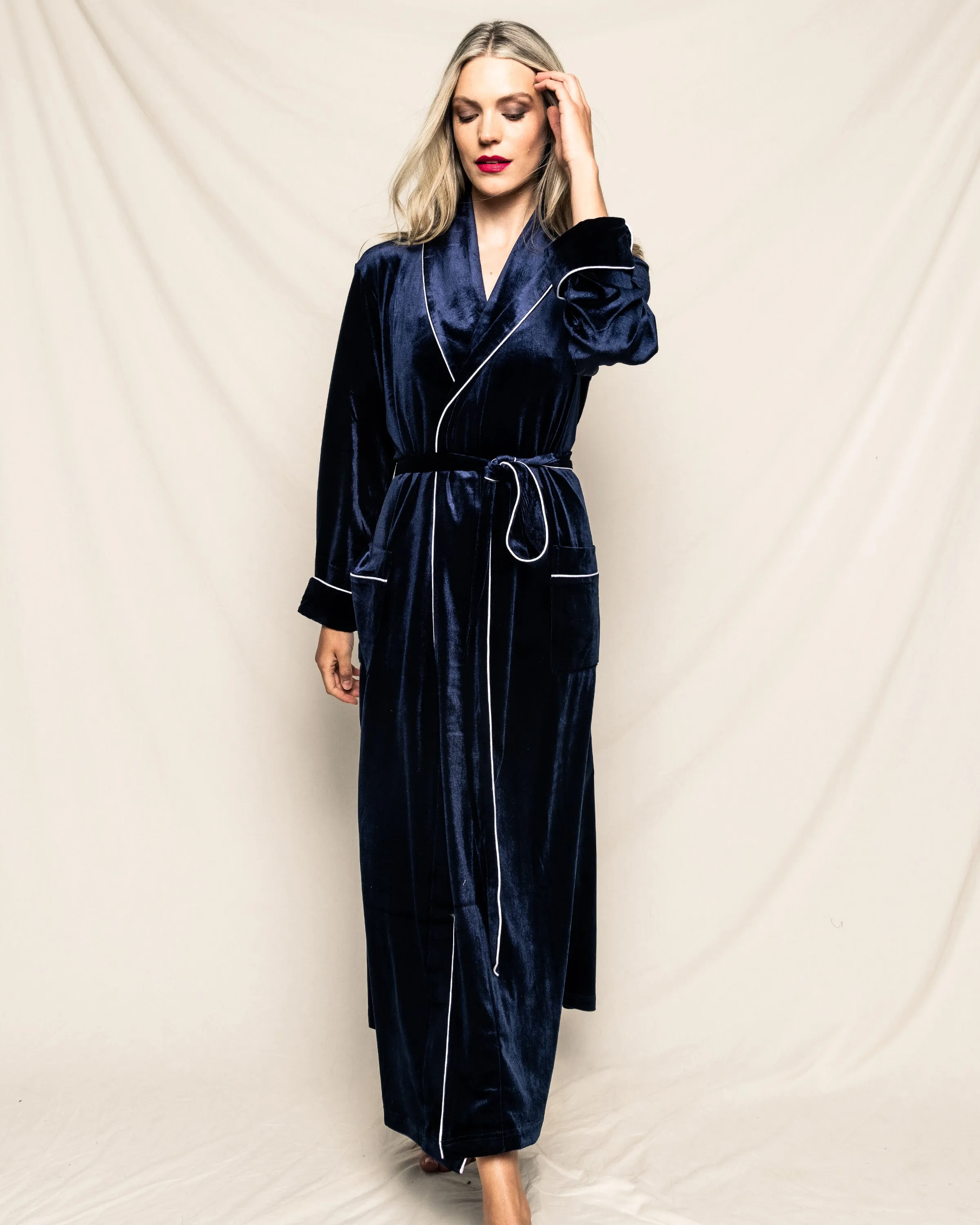 Women's Velour Robe in Navy sold by Petite Plume product image thumbnail 2
