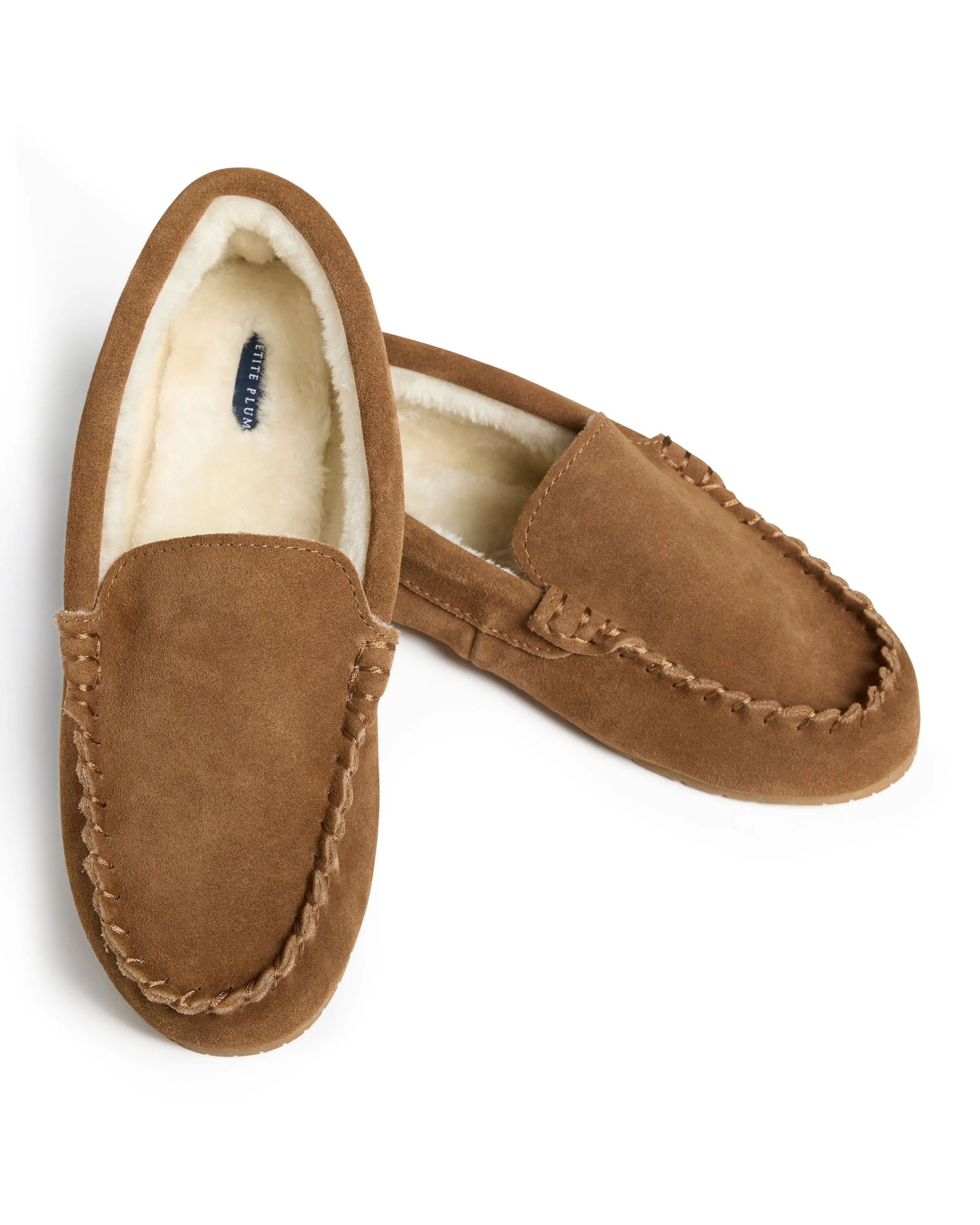Women's Suede Slippers in Tan sold by Petite Plume