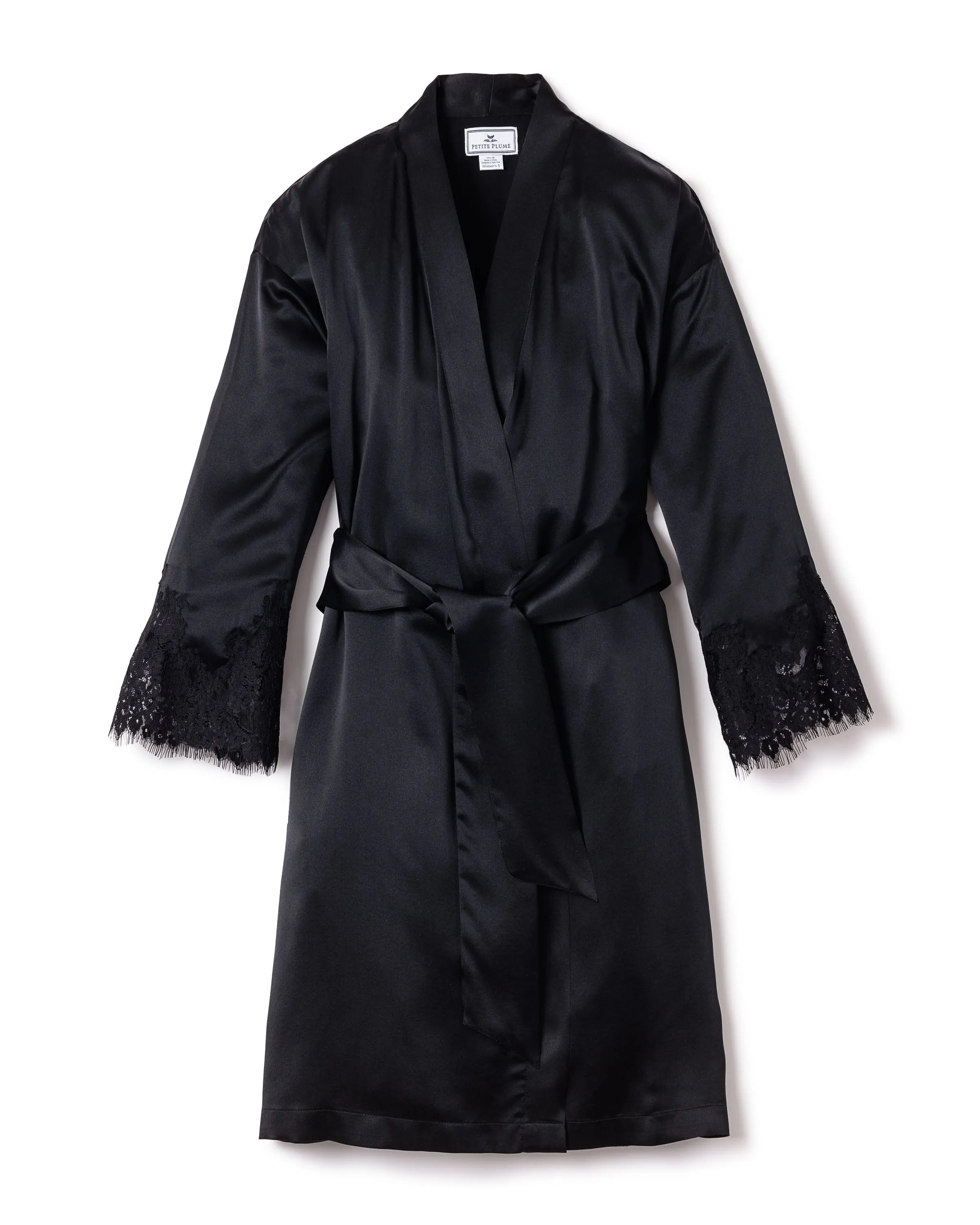 Women's Silk Lace Robe in Black sold by Petite Plume