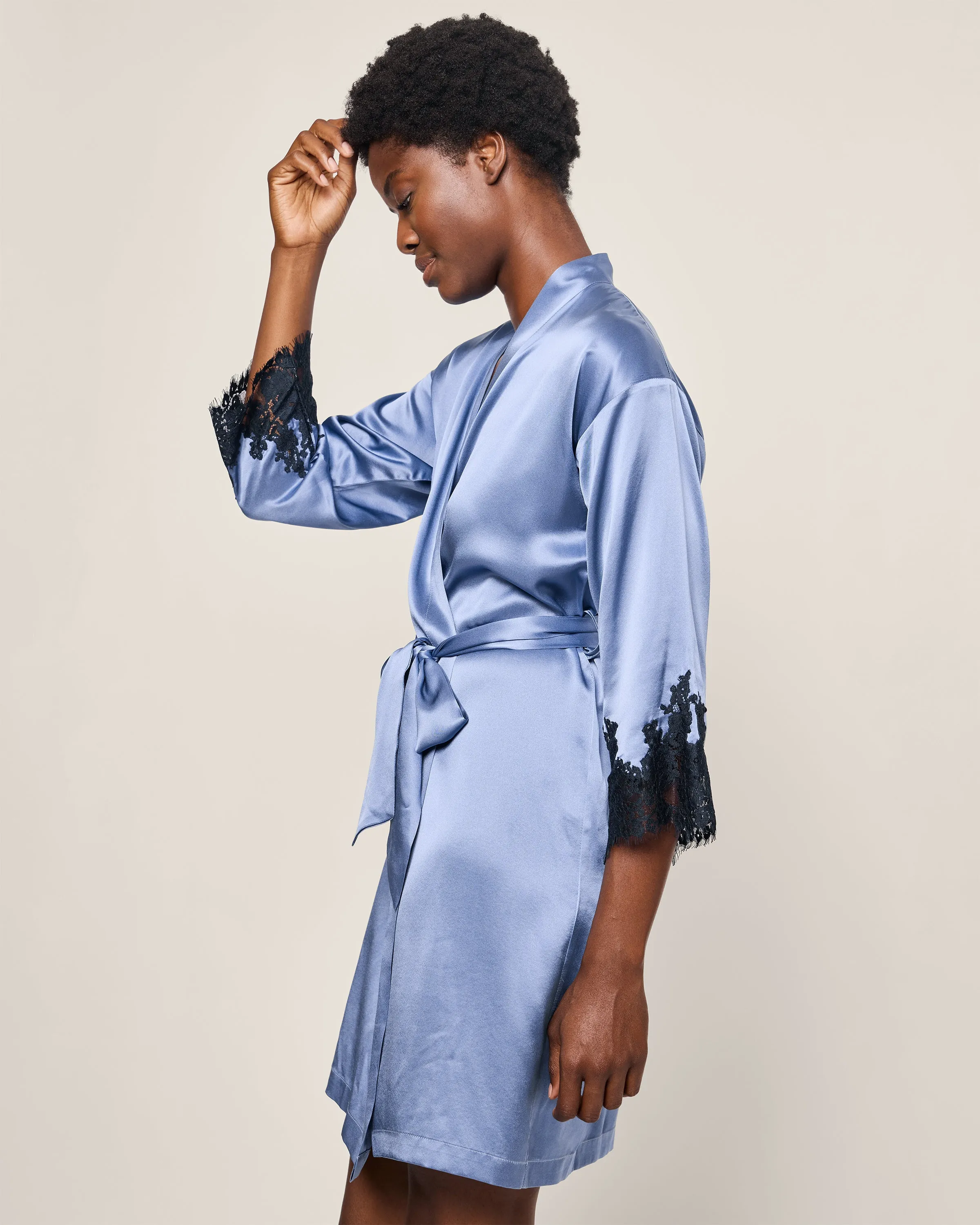 Women's Silk Lace Robe in Mystique Blue sold by Petite Plume product image thumbnail 3
