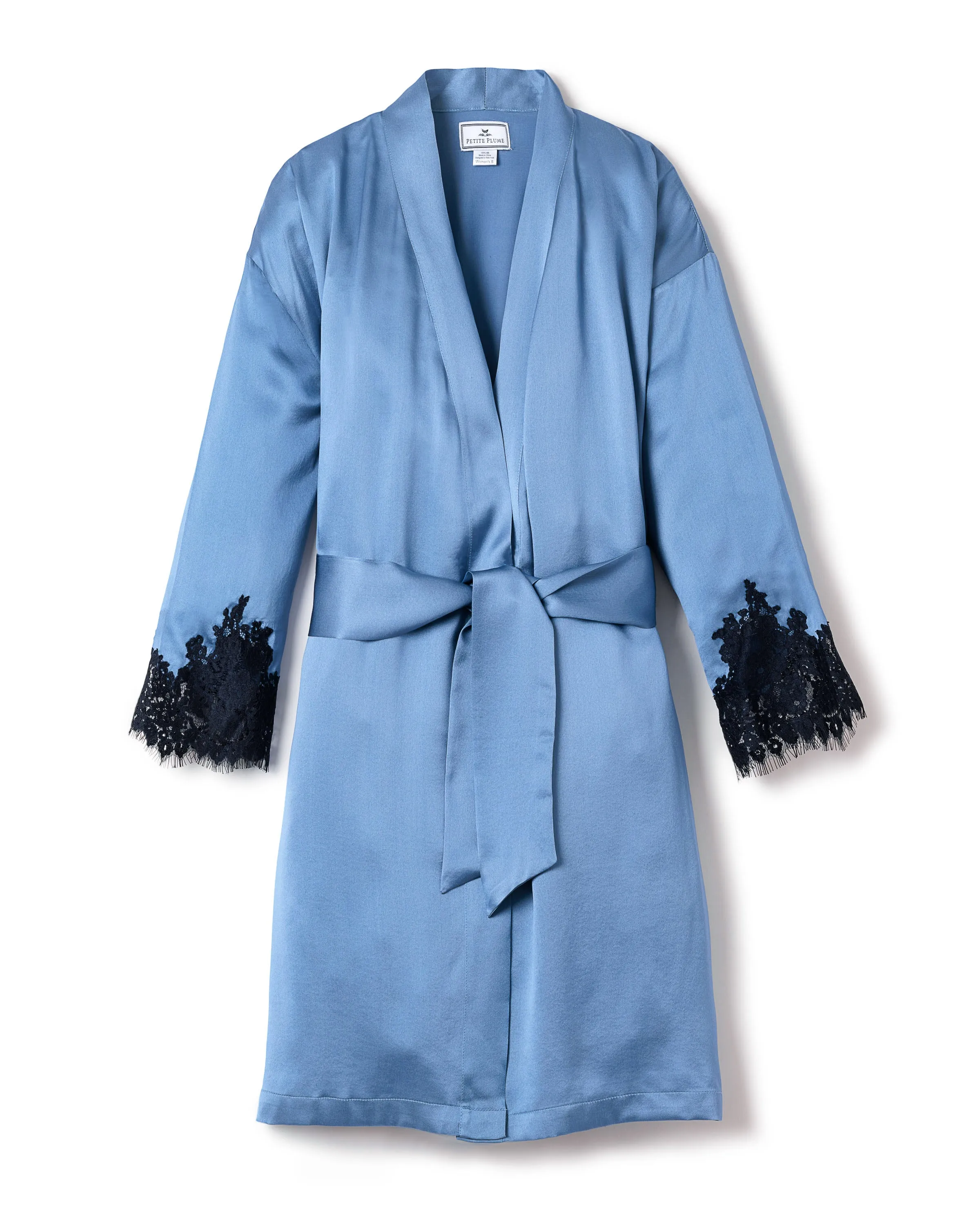 Women's Silk Lace Robe in Mystique Blue sold by Petite Plume