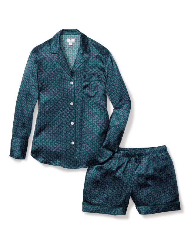 Women's Silk Long Sleeve Short Set in Emerald Foulard sold by Petite Plume