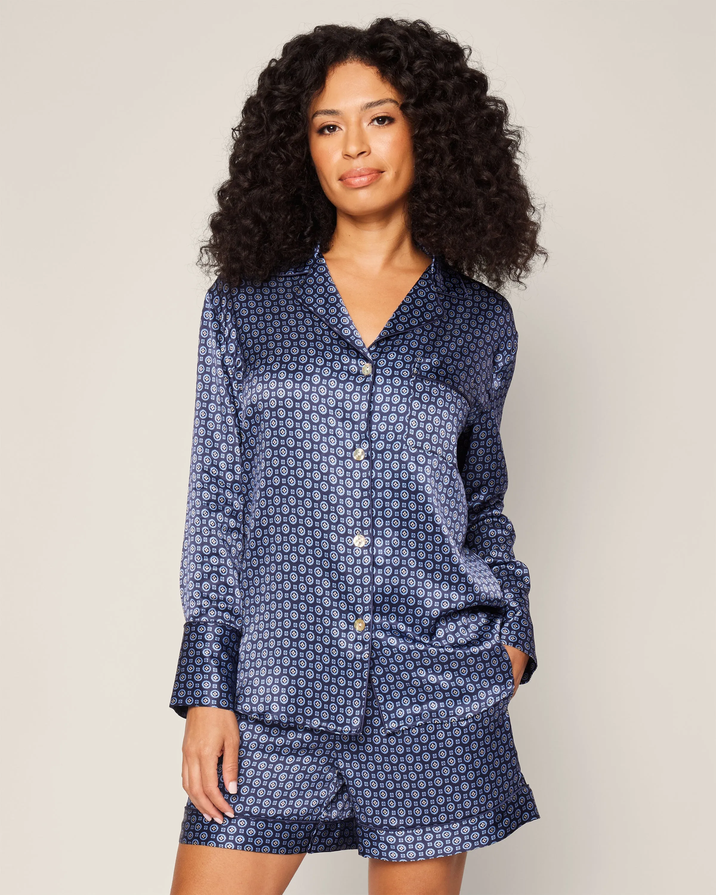 Women's Silk Long Sleeve Short Set in Midnight Foulard sold by Petite Plume product image thumbnail 2