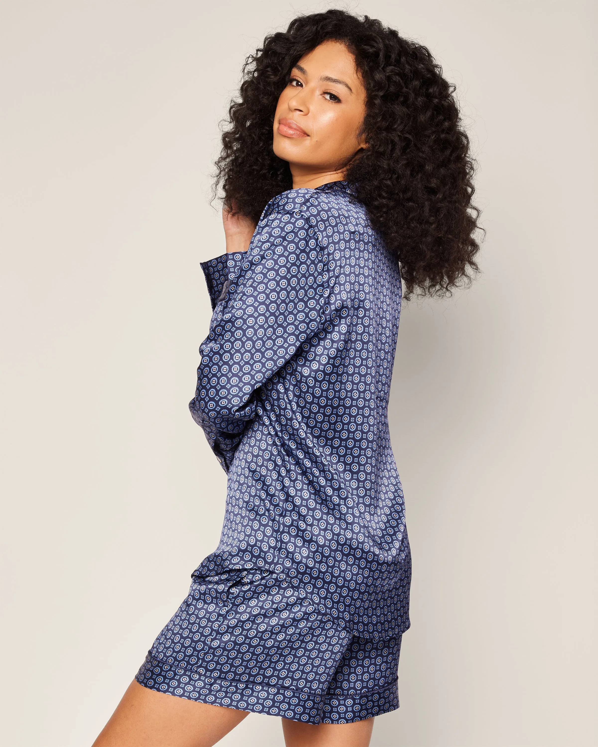 Women's Silk Long Sleeve Short Set in Midnight Foulard sold by Petite Plume product image thumbnail 3