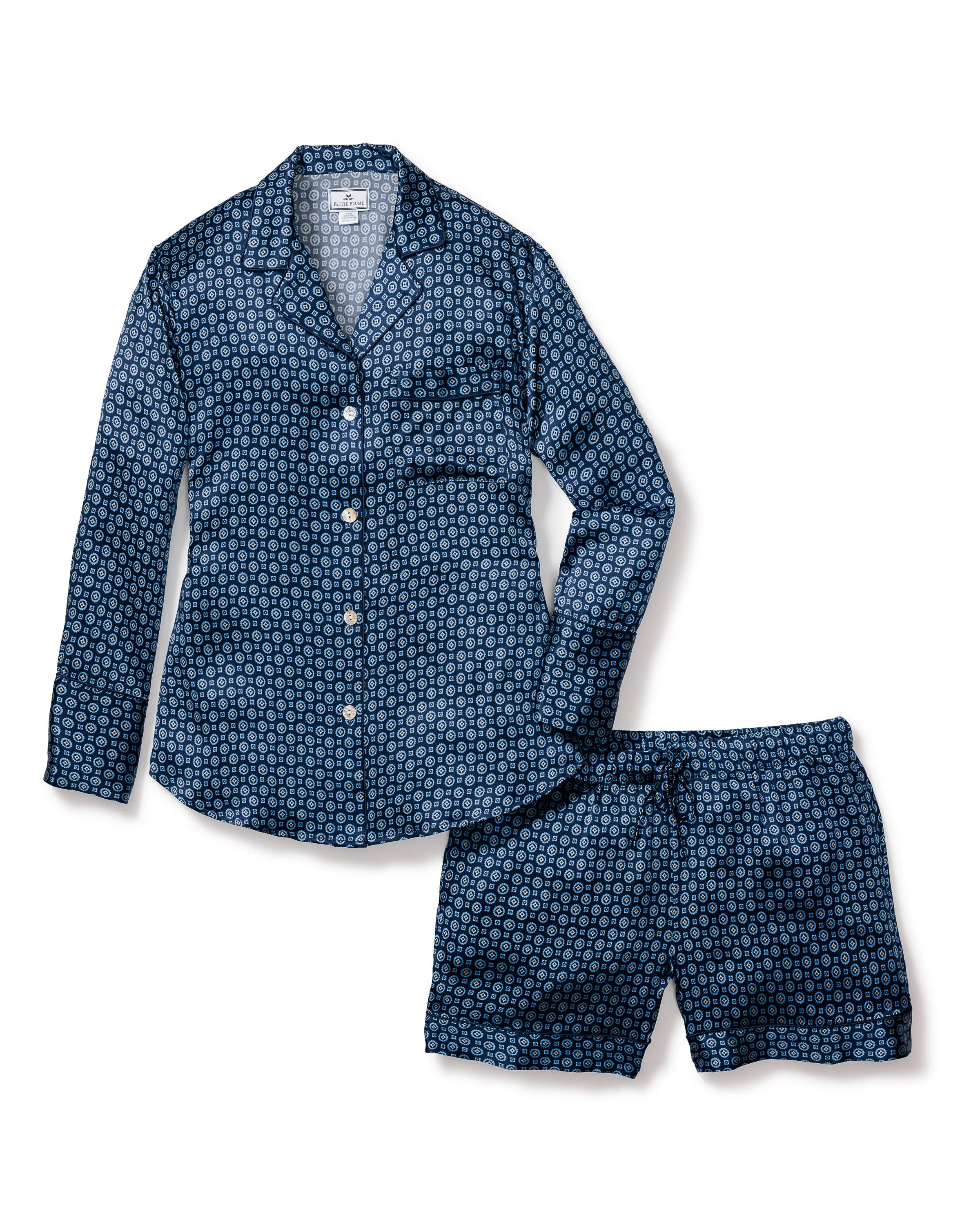 Women's Silk Long Sleeve Short Set in Midnight Foulard sold by Petite Plume