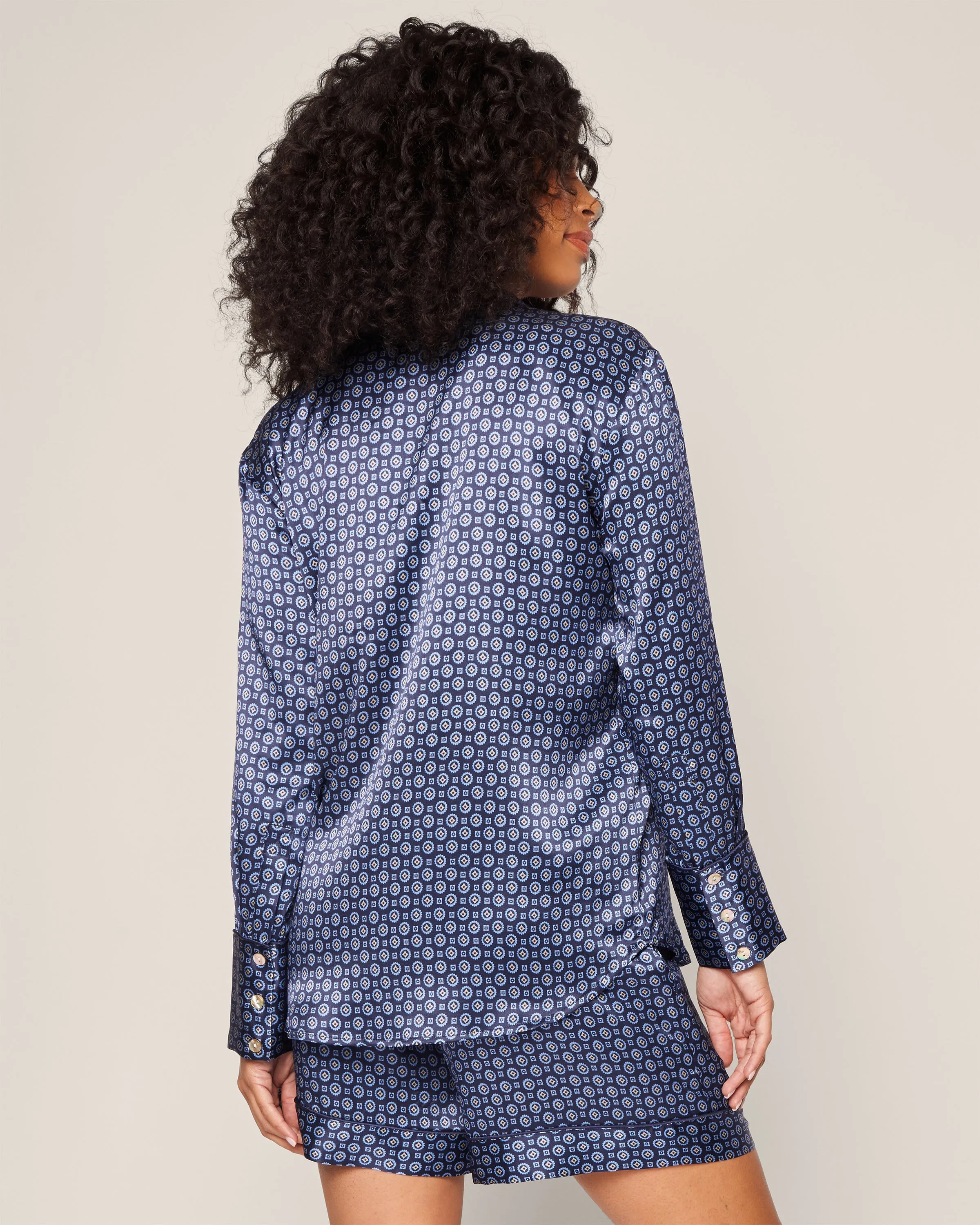 Women's Silk Long Sleeve Short Set in Midnight Foulard sold by Petite Plume product image thumbnail 4
