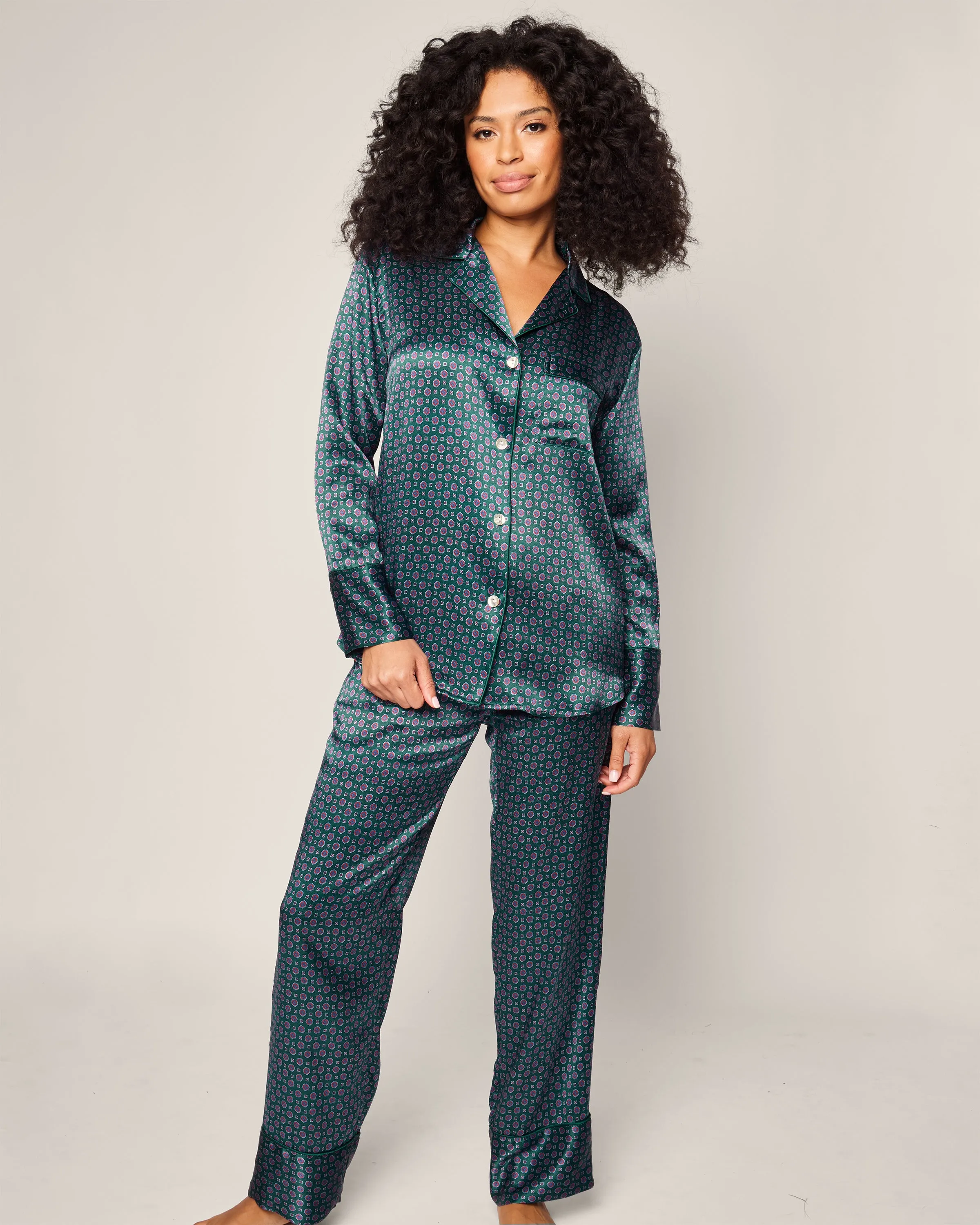 Women's Silk Pajama Set in Emerald Foulard sold by Petite Plume product image thumbnail 2