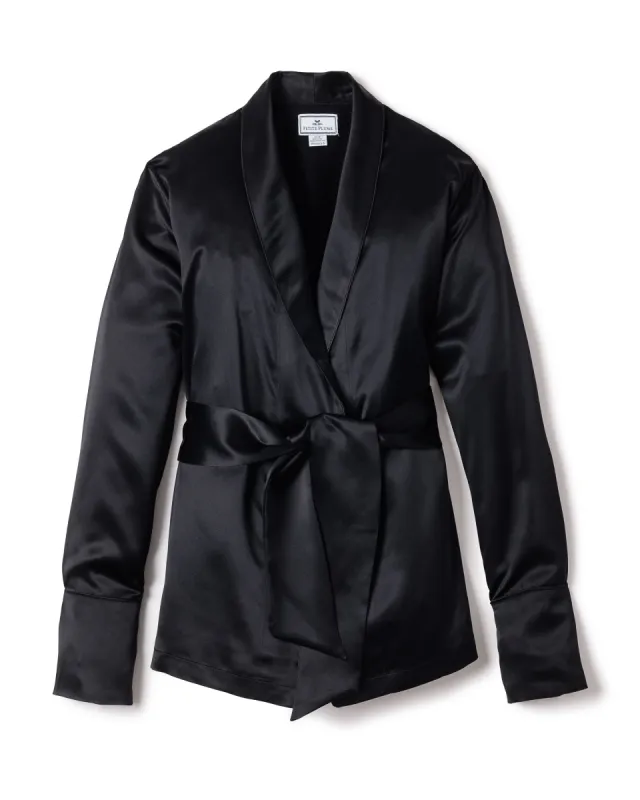 Women's Silk Short Robe in Black sold by Petite Plume