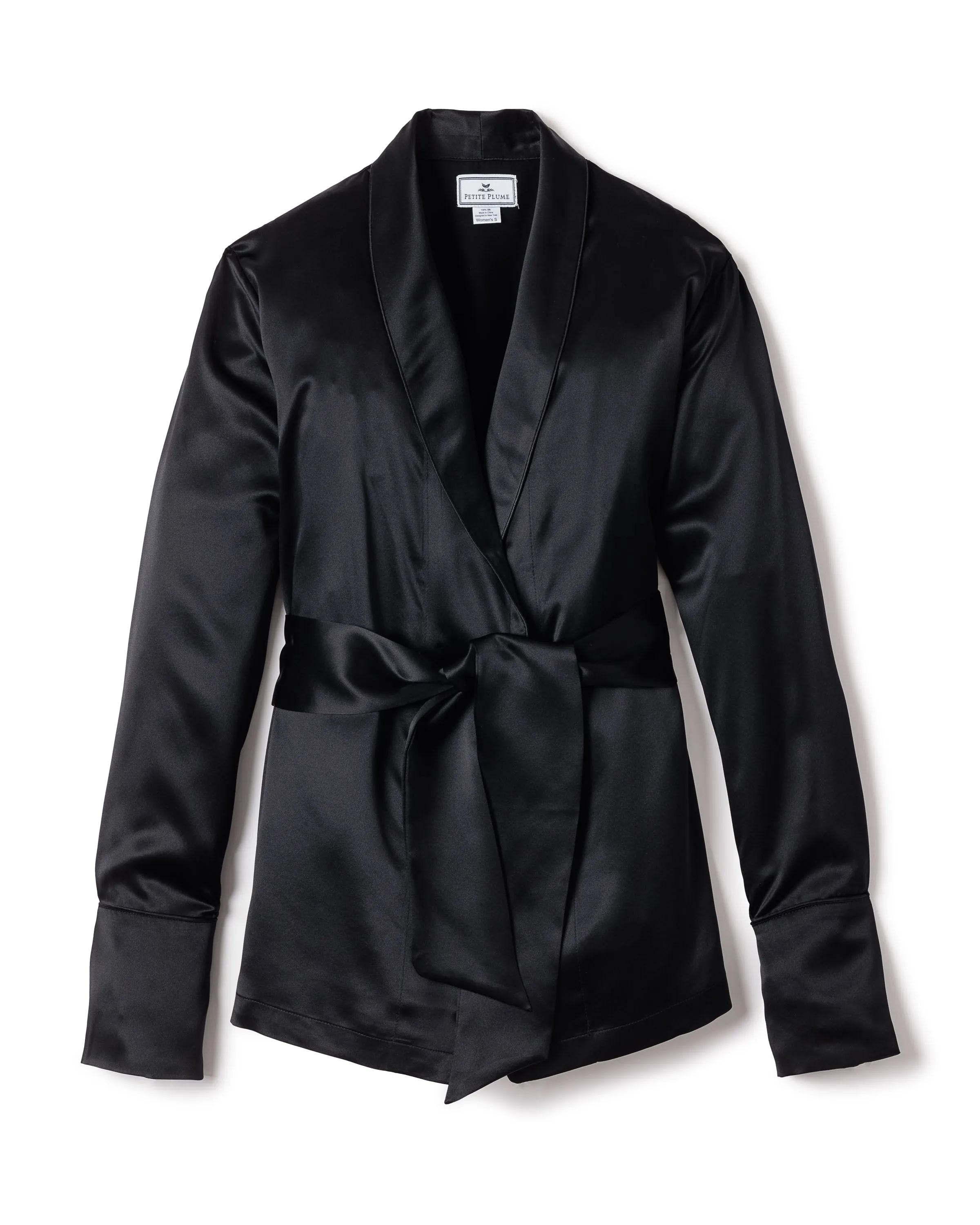 Women's Silk Short Robe in Black sold by Petite Plume