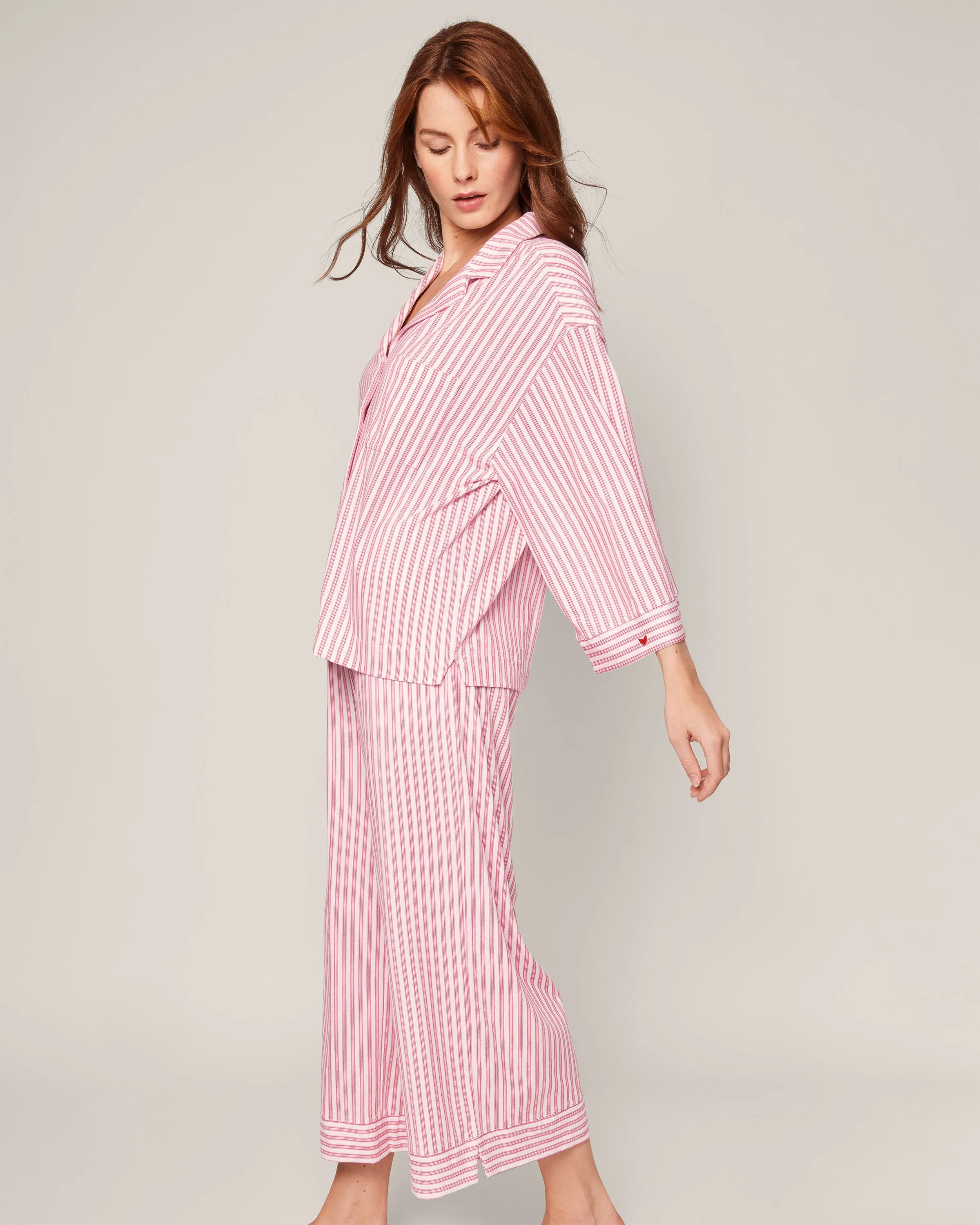 The Olivia Wide Leg Pima Pajama Set in Antique Red Ticking sold by Petite Plume product image thumbnail 3
