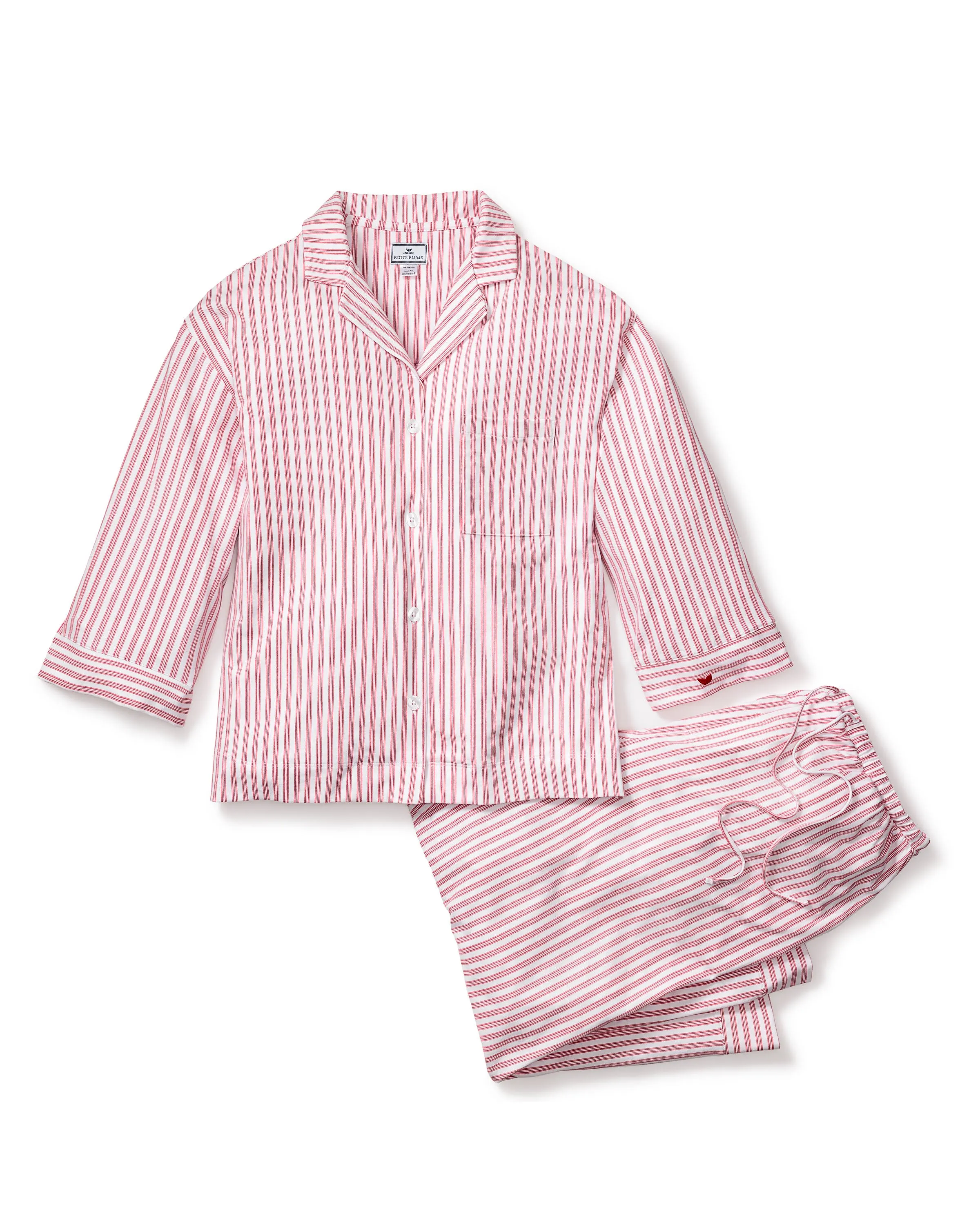The Olivia Wide Leg Pima Pajama Set in Antique Red Ticking sold by Petite Plume