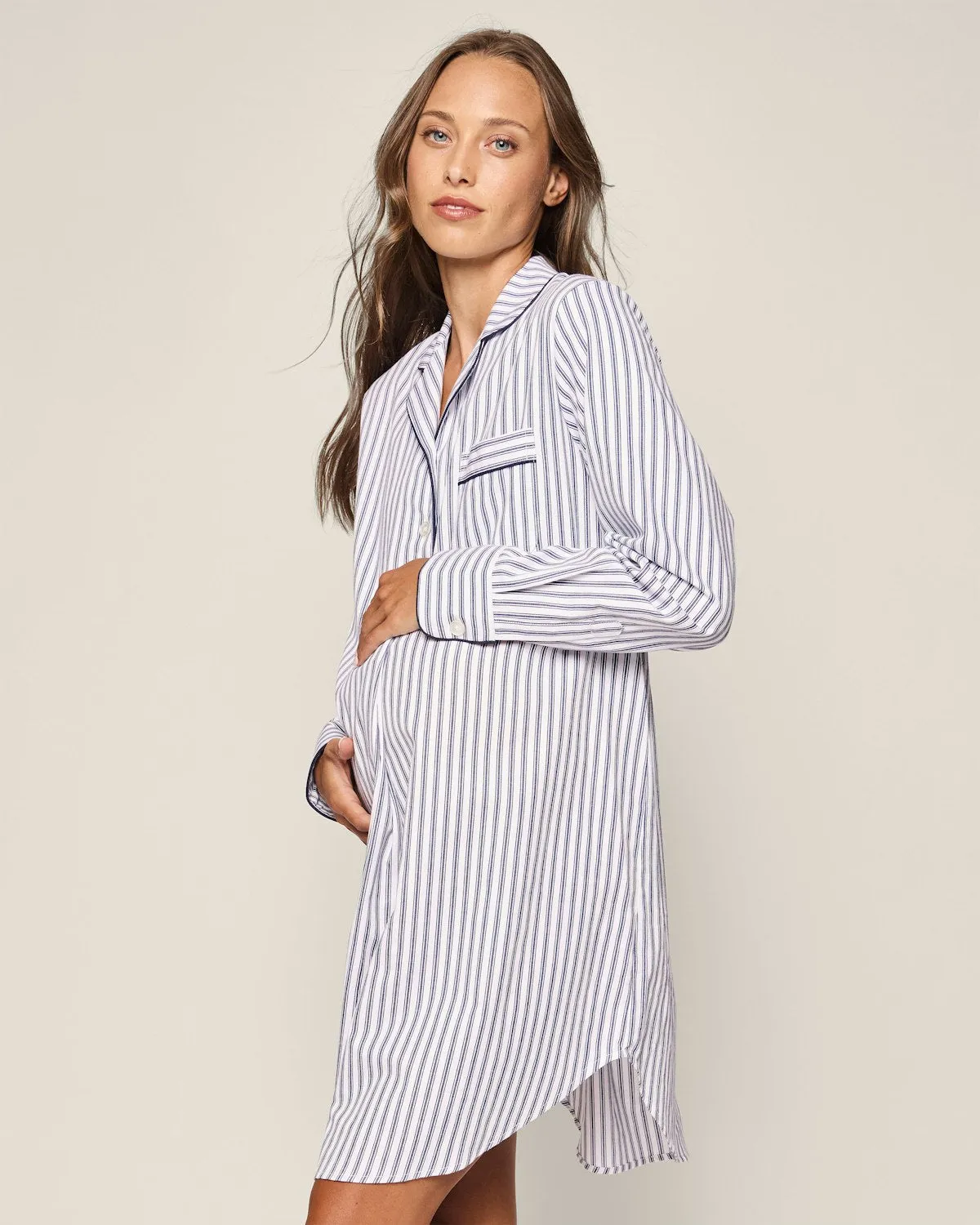 Women's Twill Maternity Nightshirt in Navy French Ticking sold by Petite Plume product image thumbnail 3