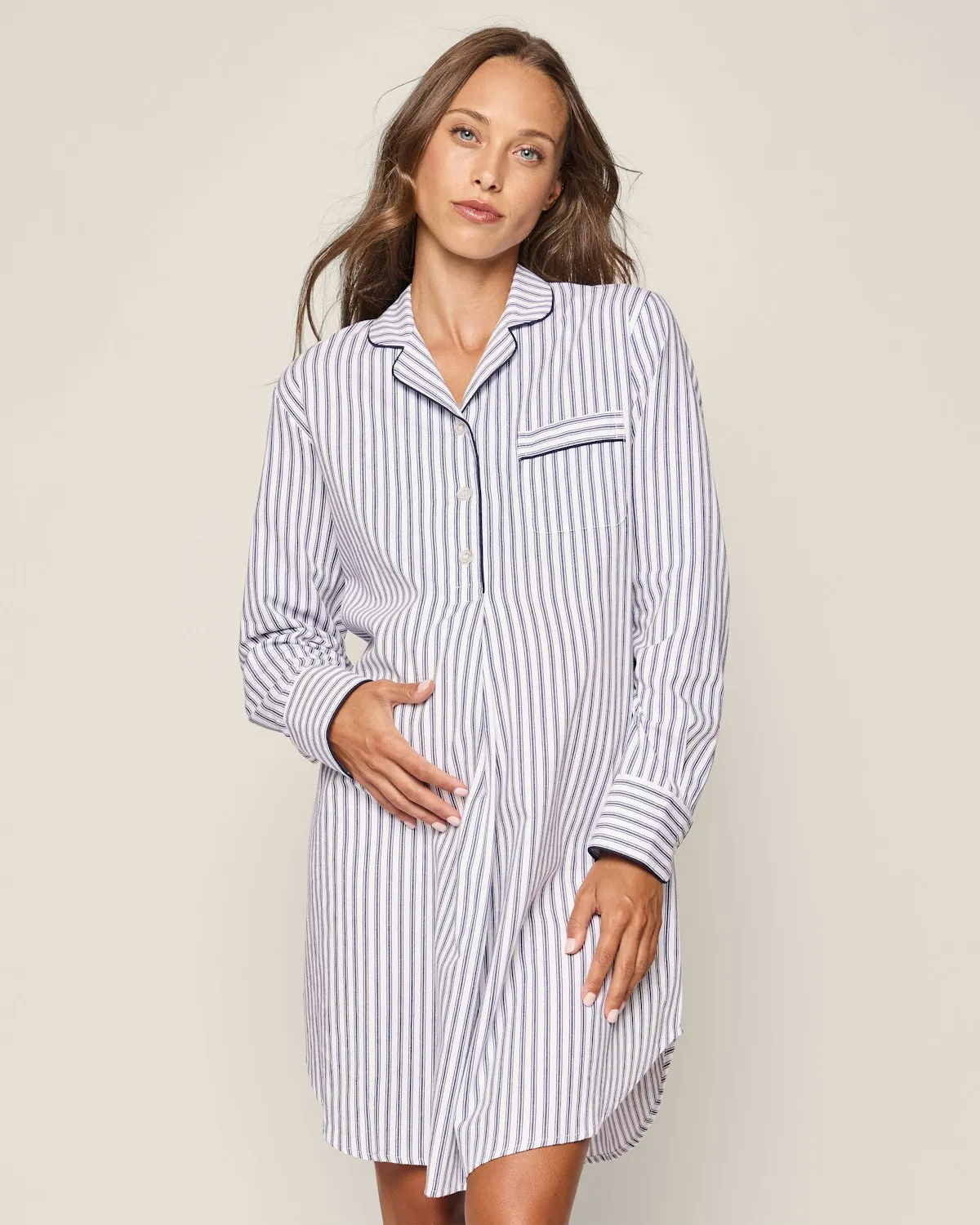 Women's Twill Maternity Nightshirt in Navy French Ticking sold by Petite Plume product image thumbnail 2