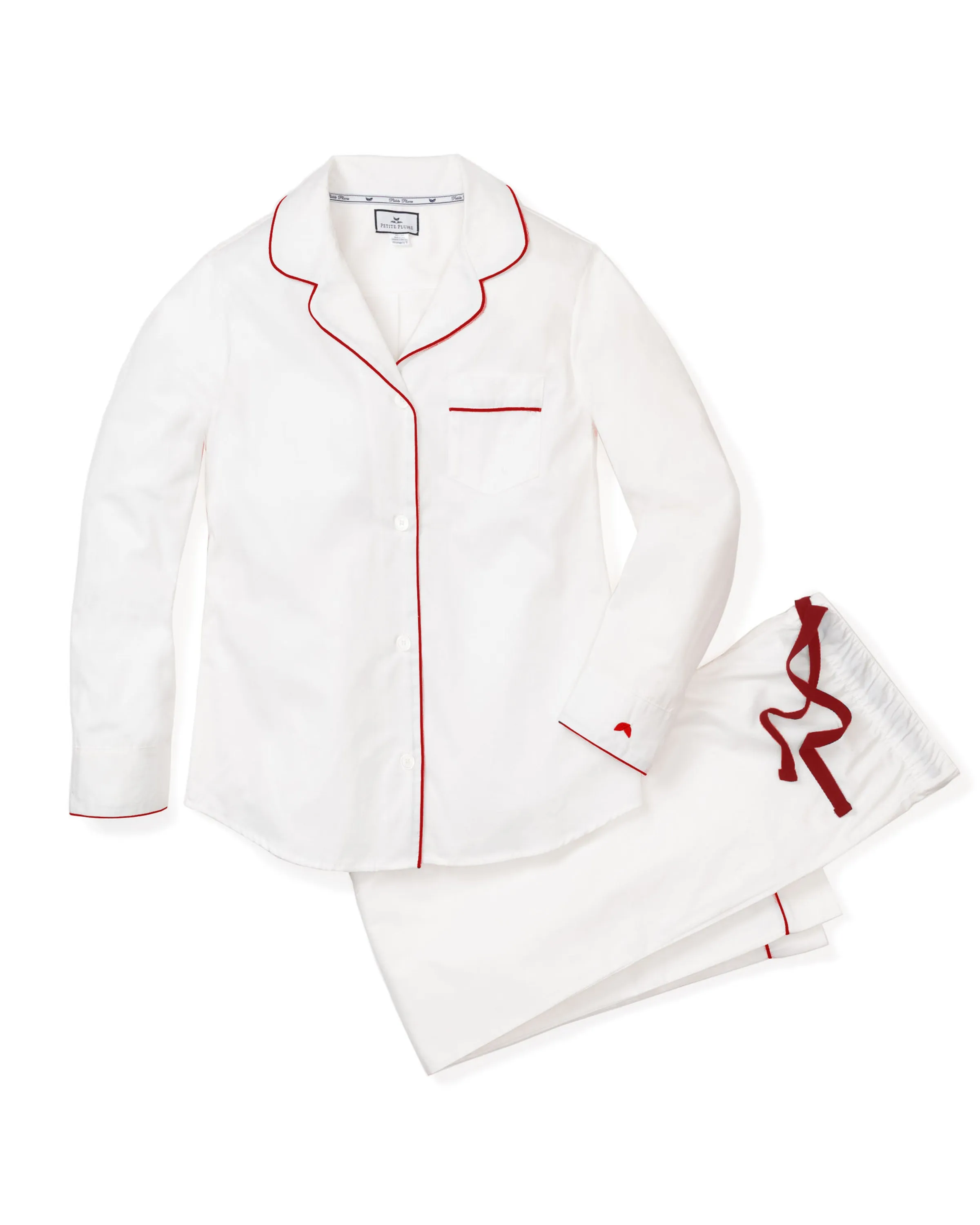 Women's Twill Pajama Set in White with Red Piping sold by Petite Plume