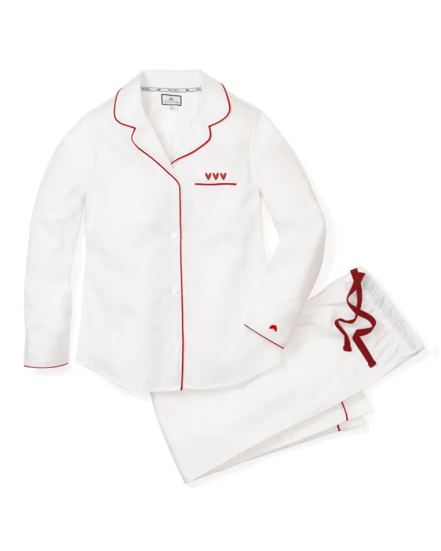 Women's White Twill Pajama Set with Heart Embroidery sold by Petite Plume