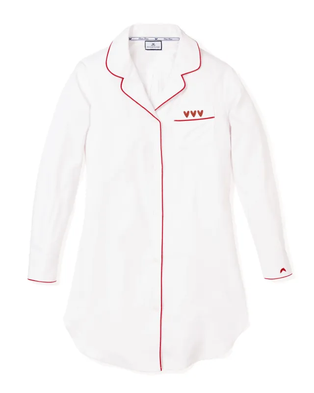 Women's White Twill Nightshirt with Heart Embroidery sold by Petite Plume