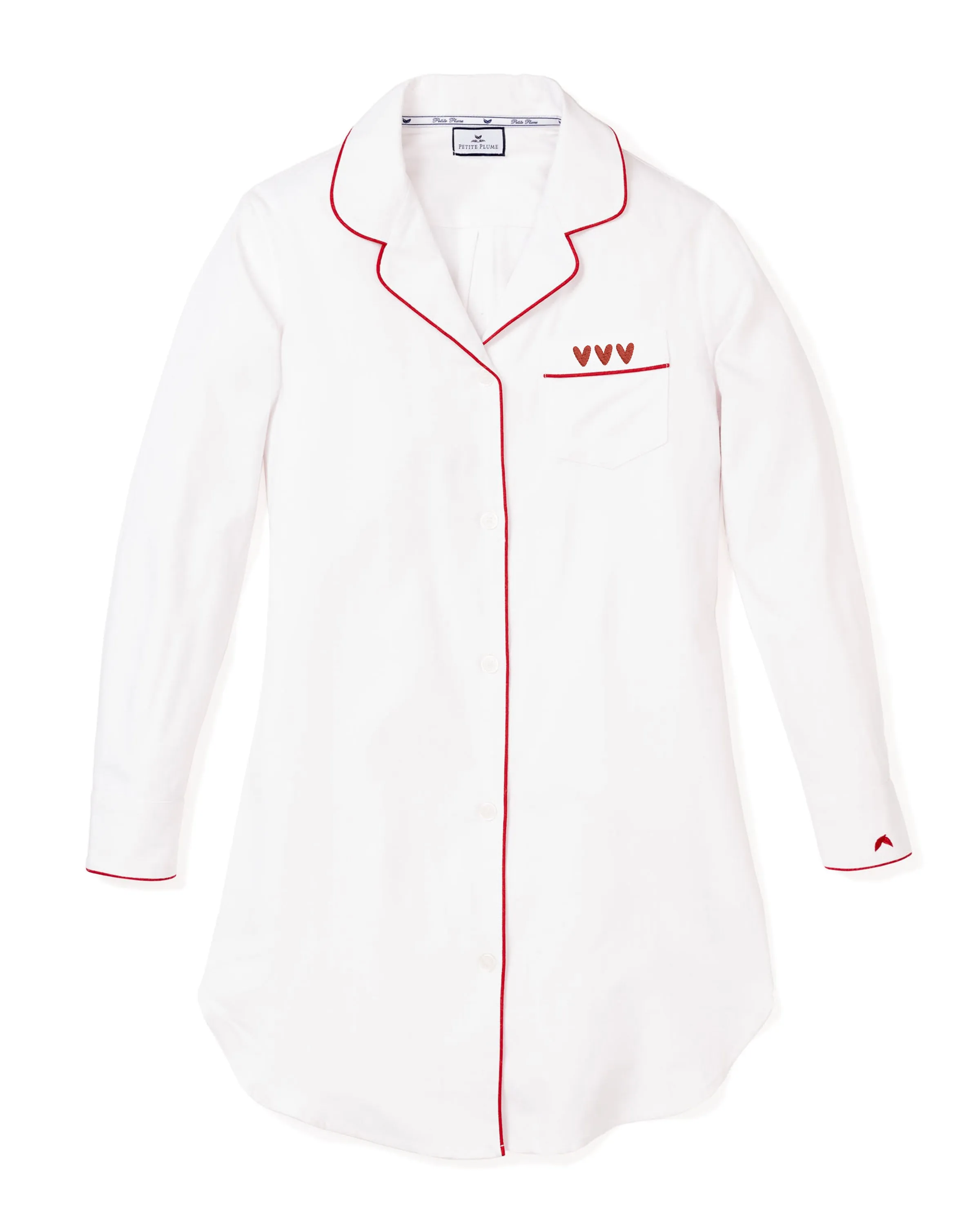 Women's White Twill Nightshirt with Heart Embroidery sold by Petite Plume