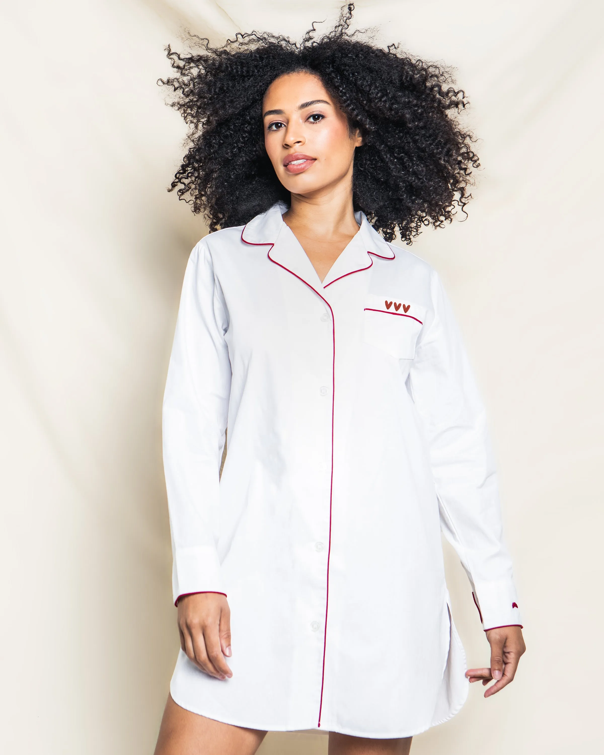 Women's White Twill Nightshirt with Heart Embroidery sold by Petite Plume product image thumbnail 2