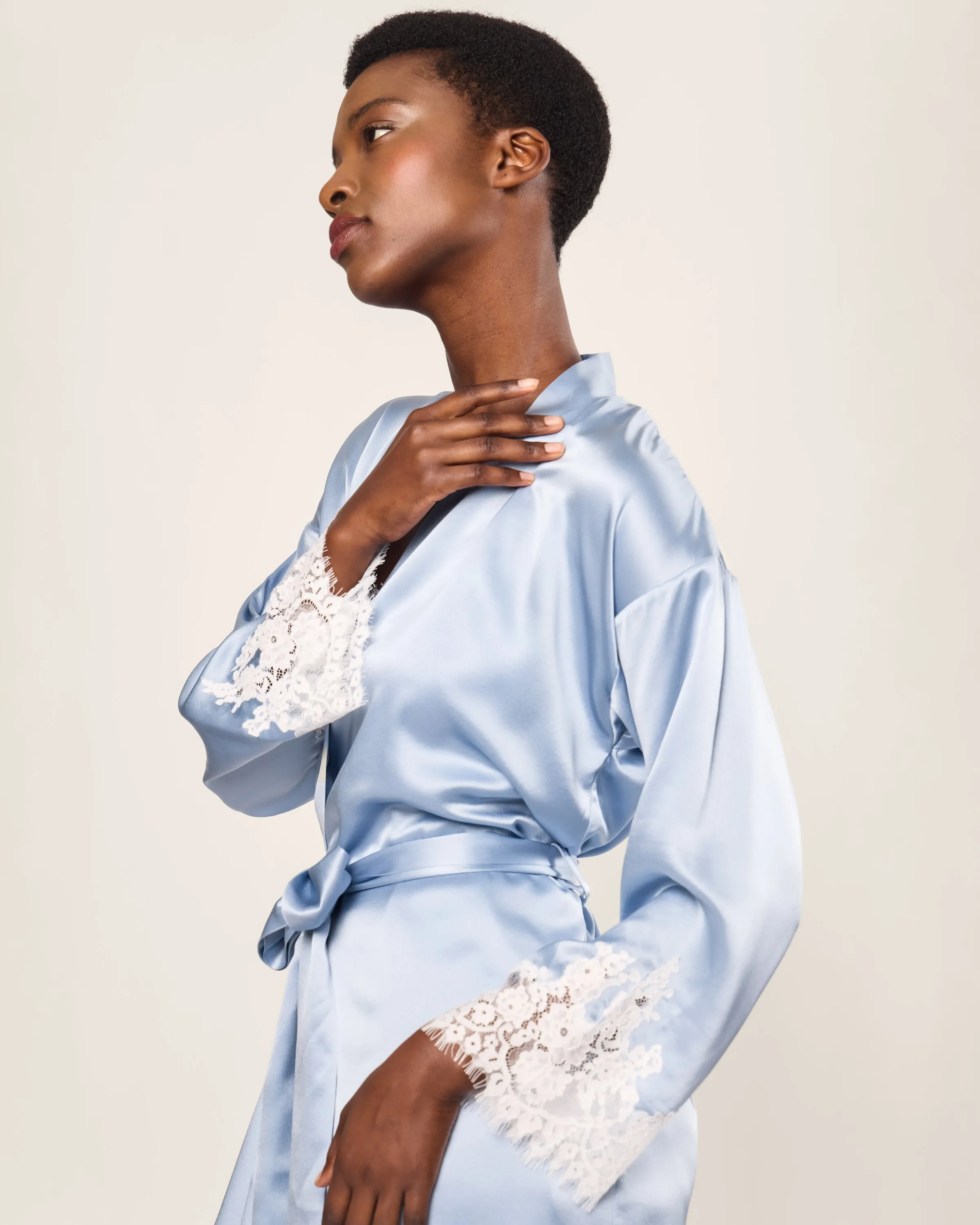 Women's Silk Lace Robe in Periwinkle sold by Petite Plume product image thumbnail 5
