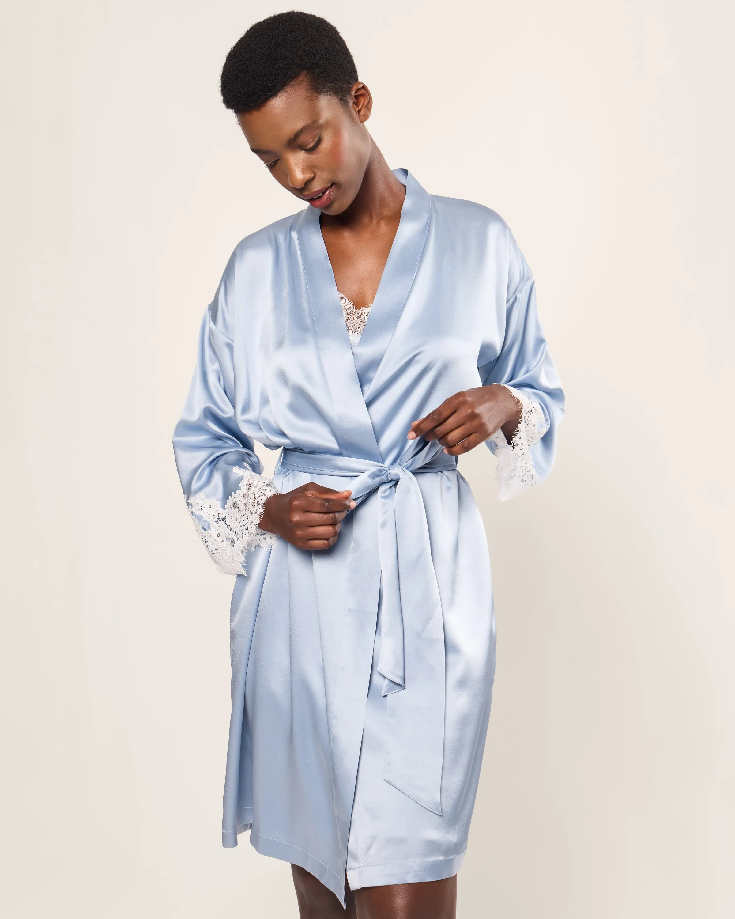 Women's Silk Lace Robe in Periwinkle sold by Petite Plume product image thumbnail 2