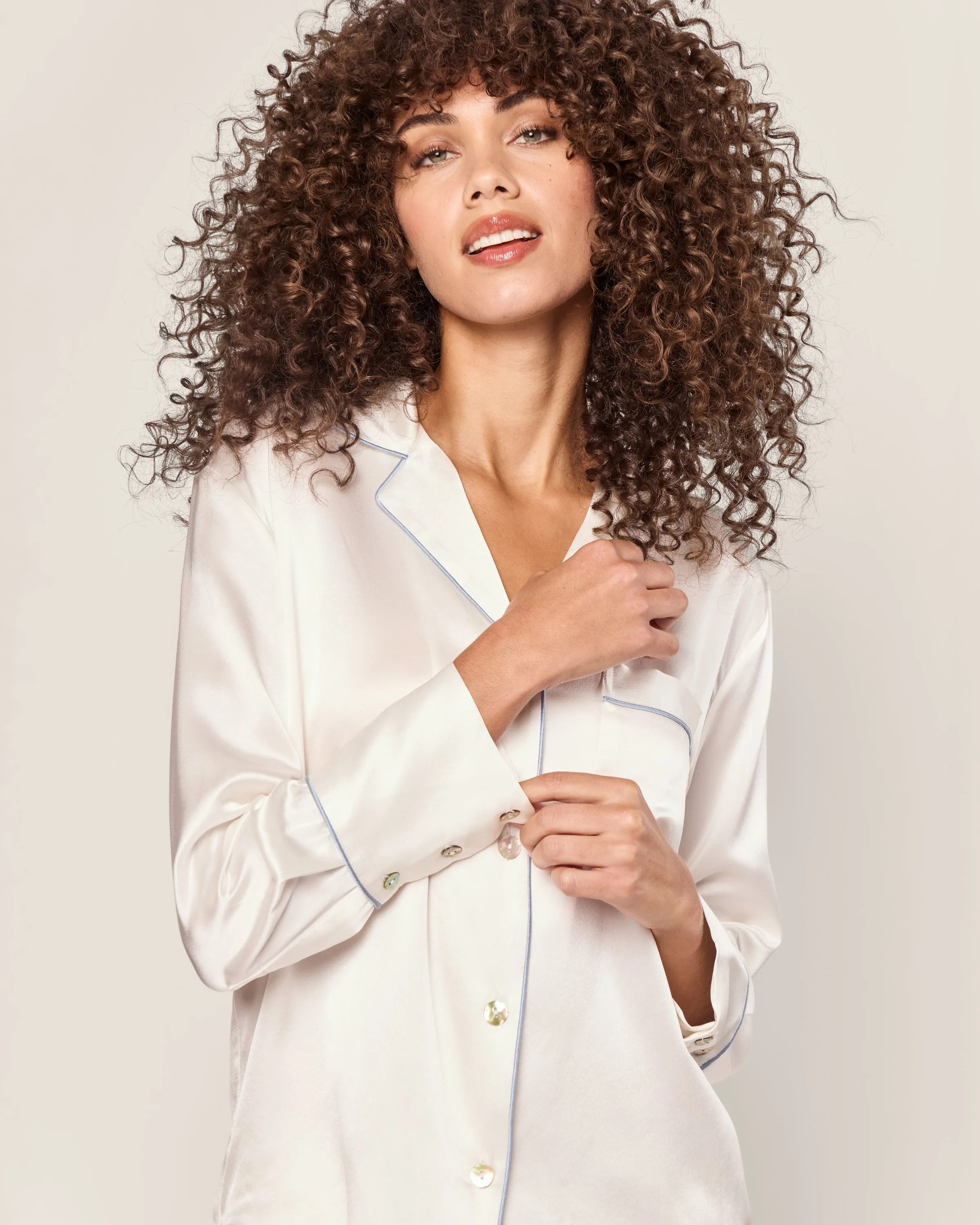 Women's Silk Pajama Set White with Periwinkle Piping sold by Petite Plume product image thumbnail 5