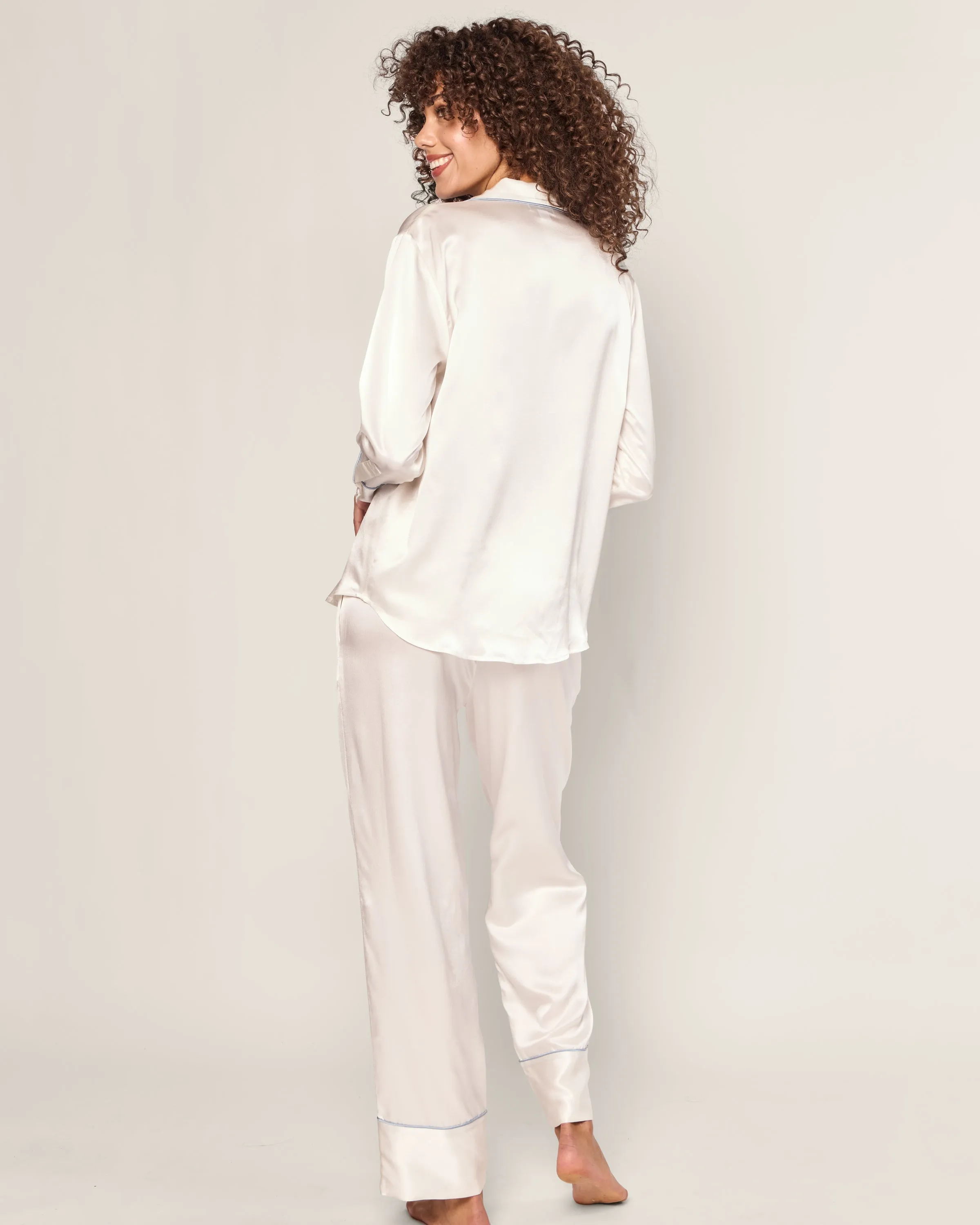Women's Silk Pajama Set White with Periwinkle Piping sold by Petite Plume product image thumbnail 4