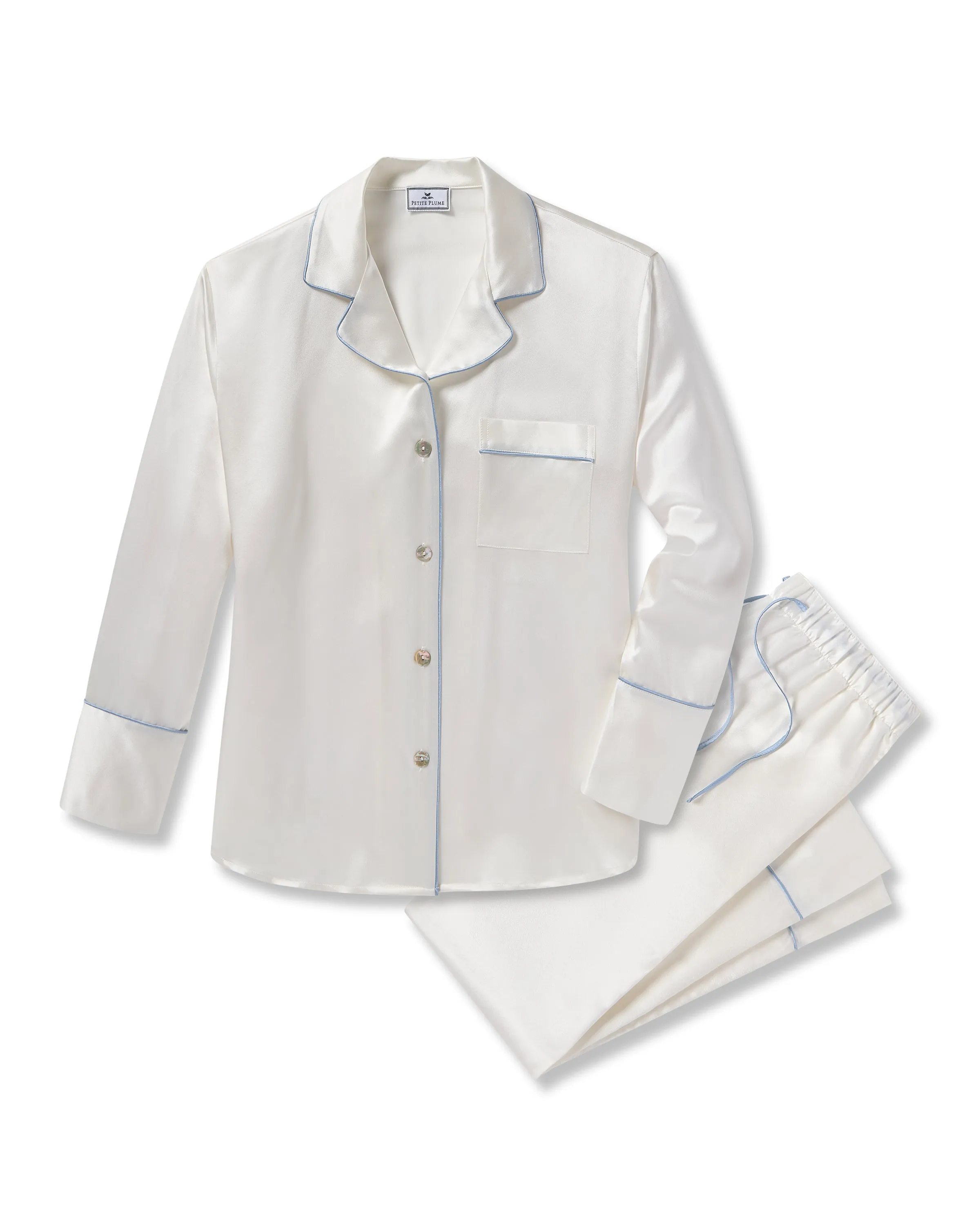 Women's Silk Pajama Set White with Periwinkle Piping sold by Petite Plume