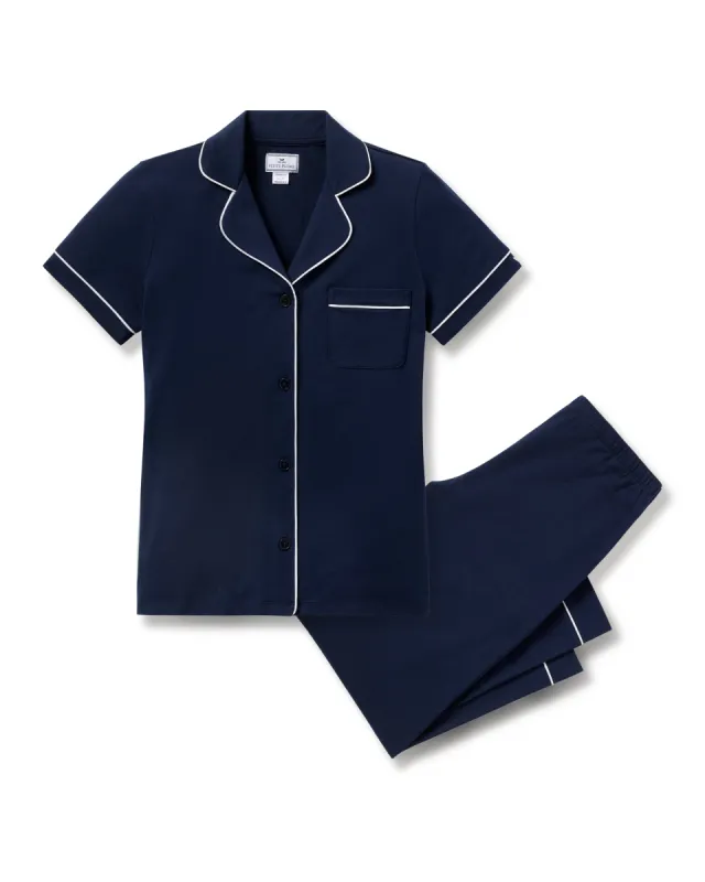 Women's Pima Crop Set in Navy with White Piping sold by Petite Plume