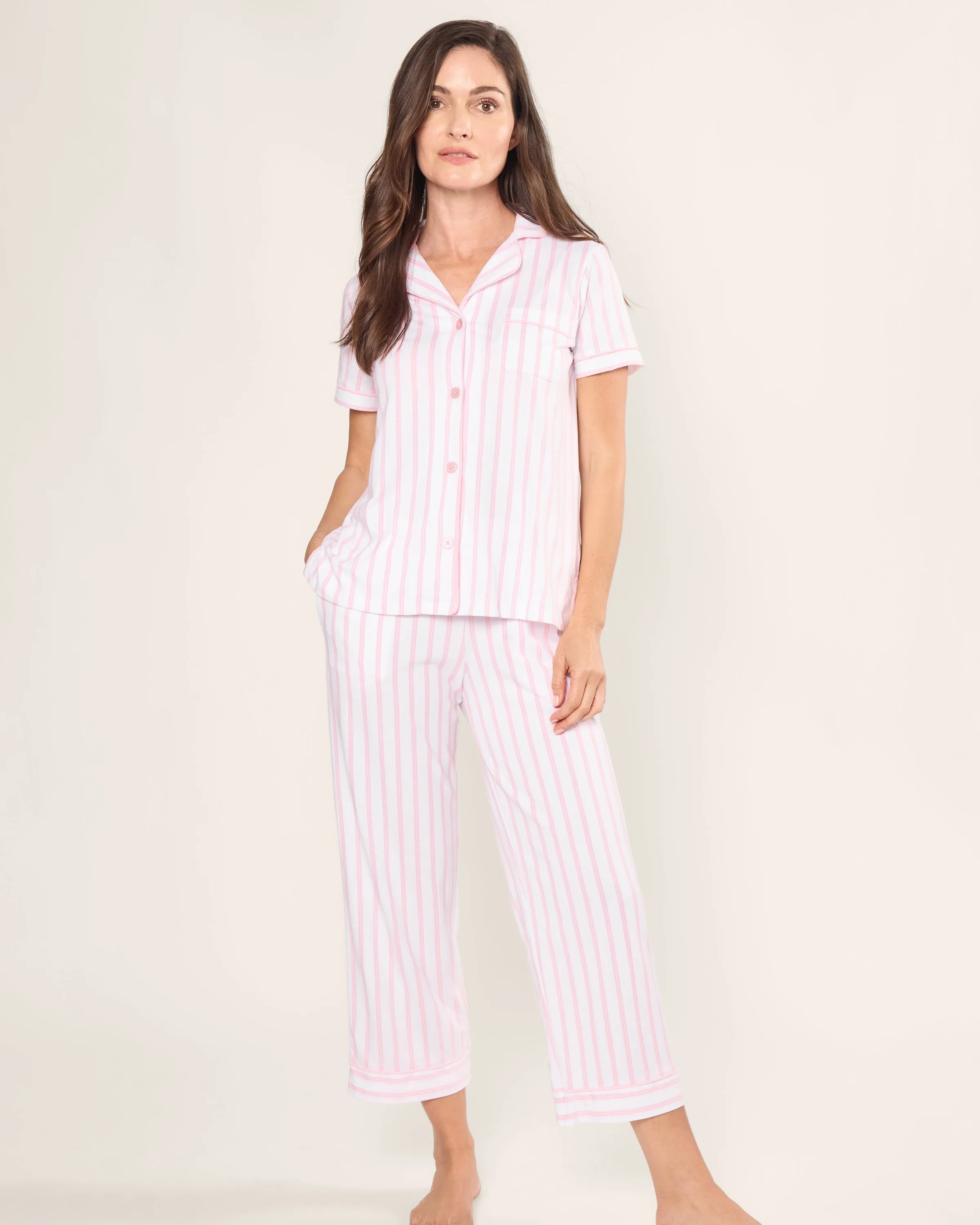 Women's Pima Crop Pajama Set in Pink Stripe sold by Petite Plume product image thumbnail 2