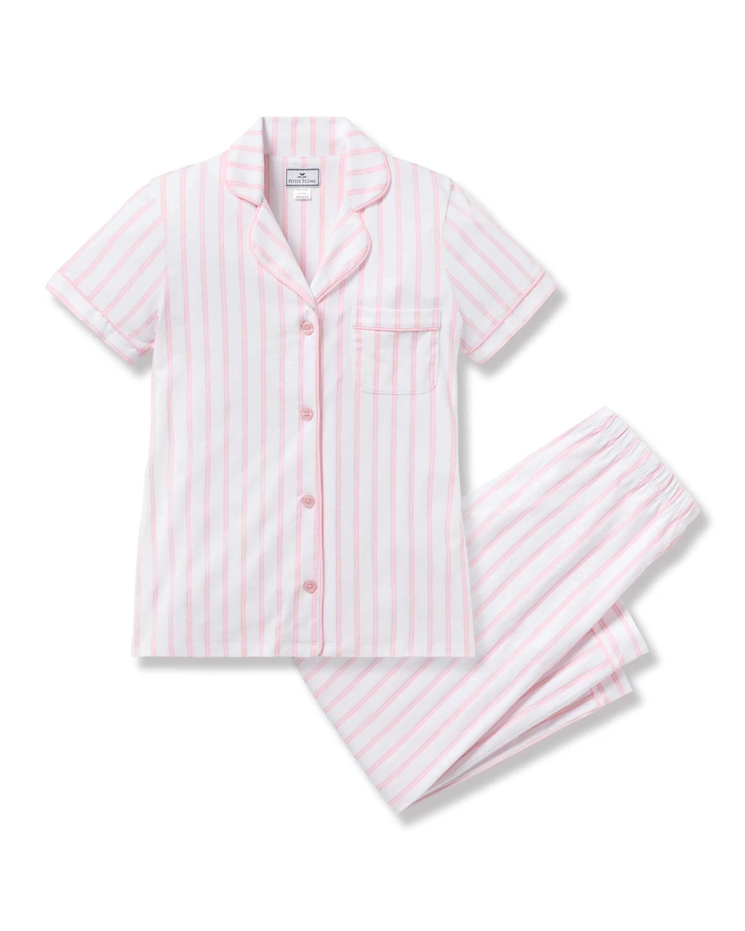 Women's Pima Crop Pajama Set in Pink Stripe sold by Petite Plume