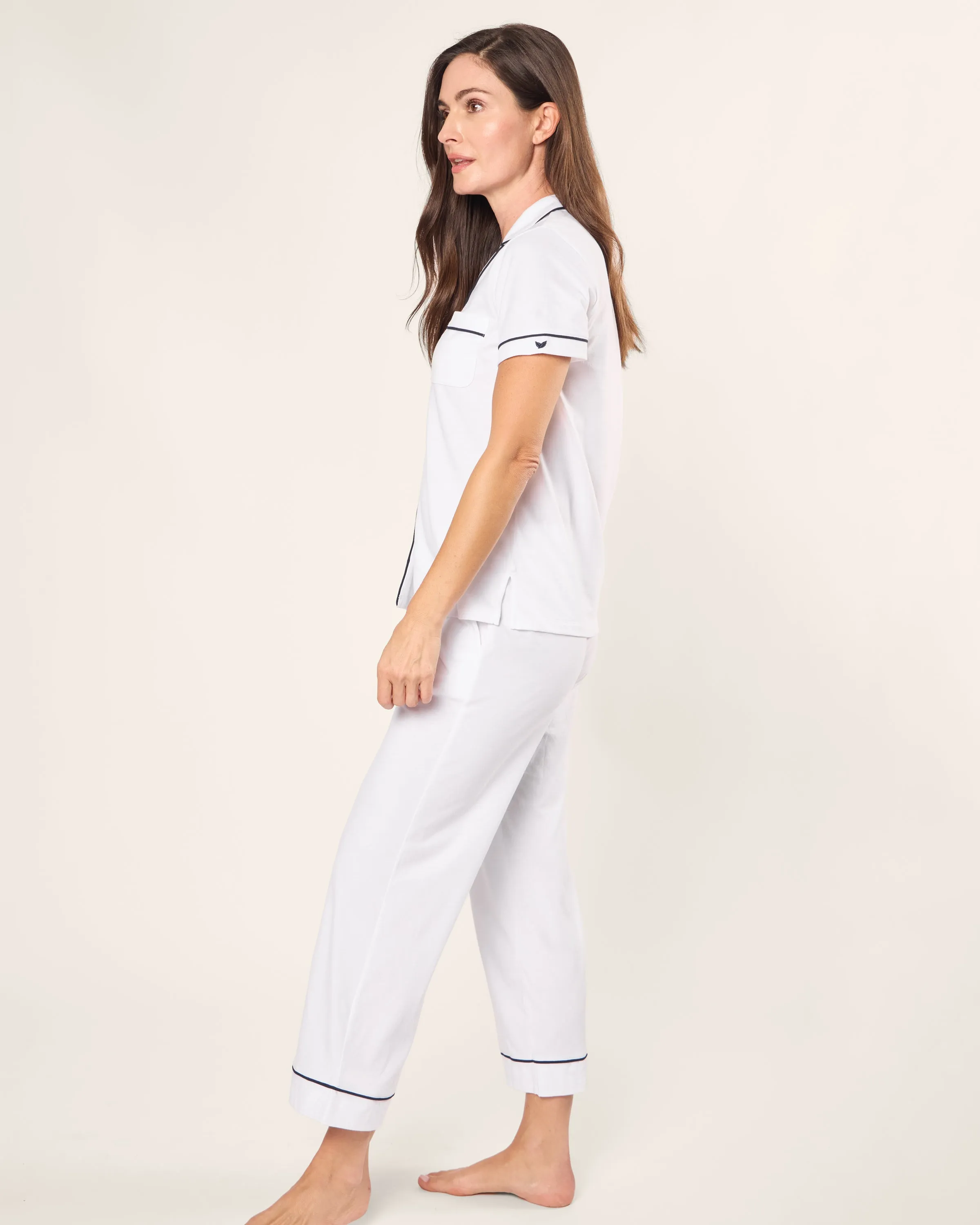 Women's Pima Crop Pajama Set in White with Navy Piping sold by Petite Plume product image thumbnail 3