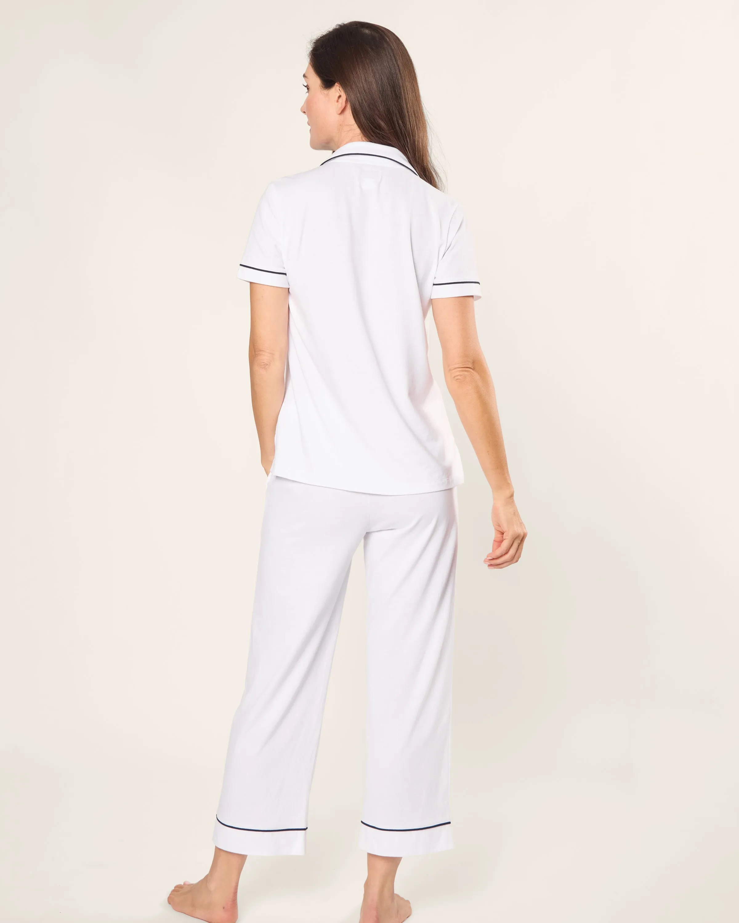 Women's Pima Crop Pajama Set in White with Navy Piping sold by Petite Plume product image thumbnail 4