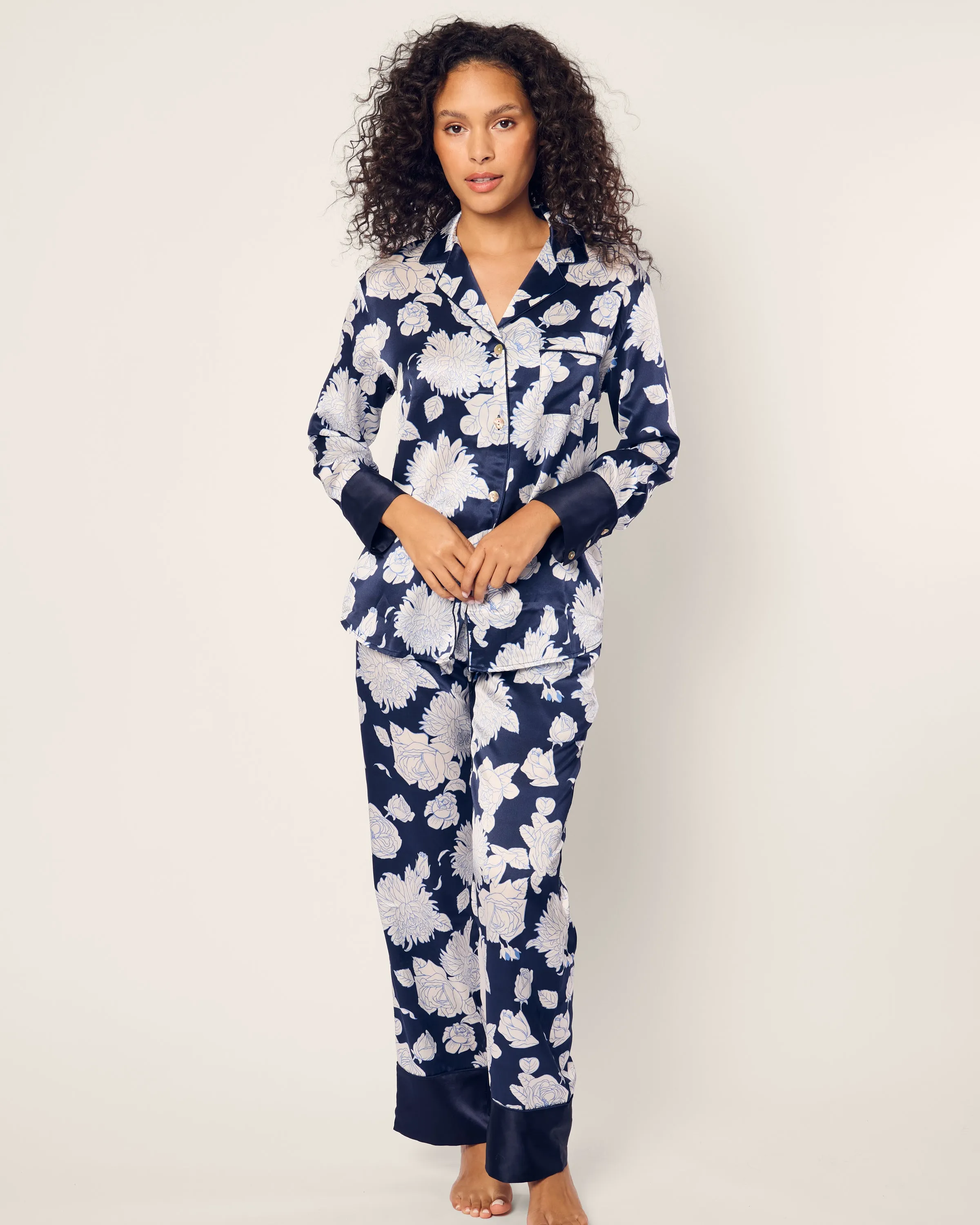 Women's Silk Pajama Set in Midnight Blooms sold by Petite Plume product image thumbnail 2