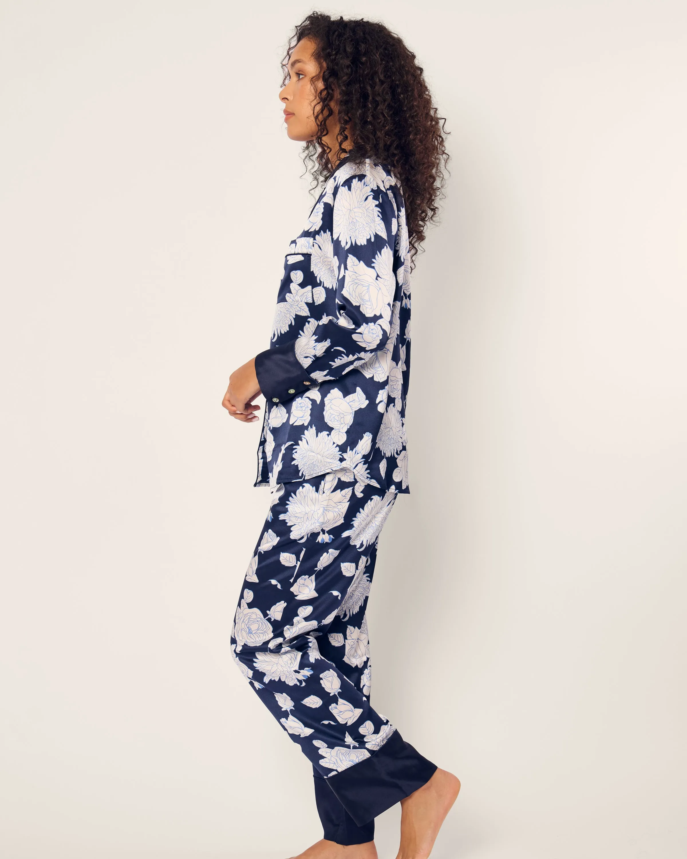 Women's Silk Pajama Set in Midnight Blooms sold by Petite Plume product image thumbnail 3