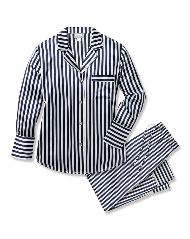 Women's Silk Pajama Set in Navy Bengal Stripe sold by Petite Plume