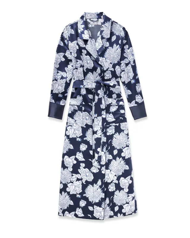 Women's Silk Robe in Midnight Blooms sold by Petite Plume