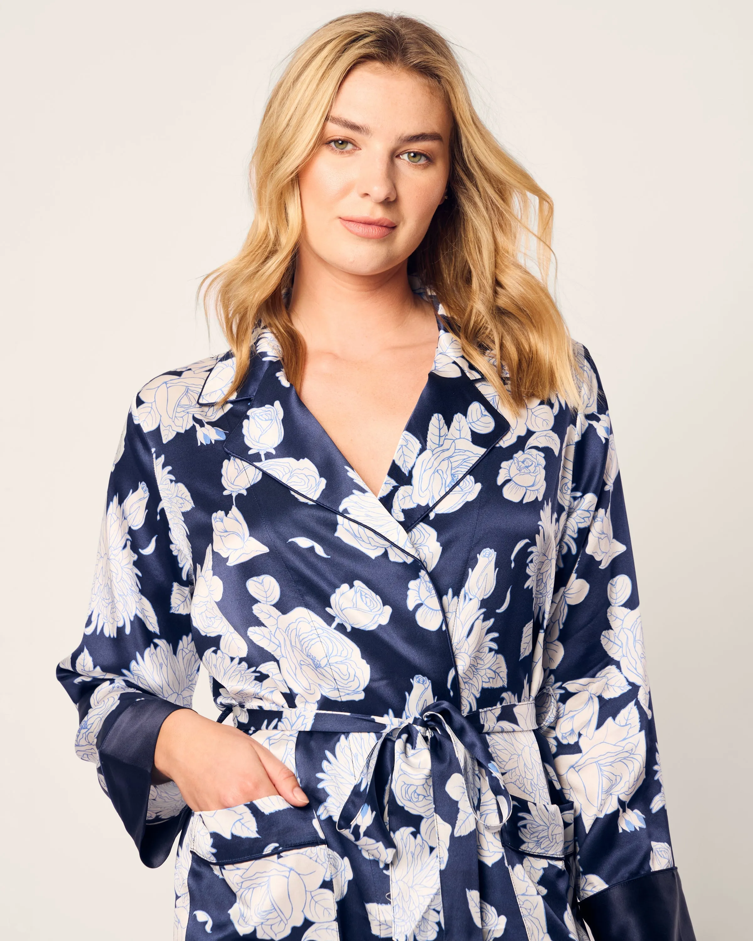 Women's Silk Robe in Midnight Blooms sold by Petite Plume product image thumbnail 5