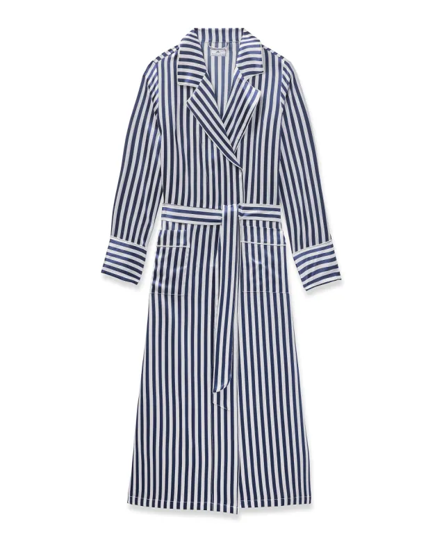 Women's Silk Robe in Navy Bengal Stripe sold by Petite Plume