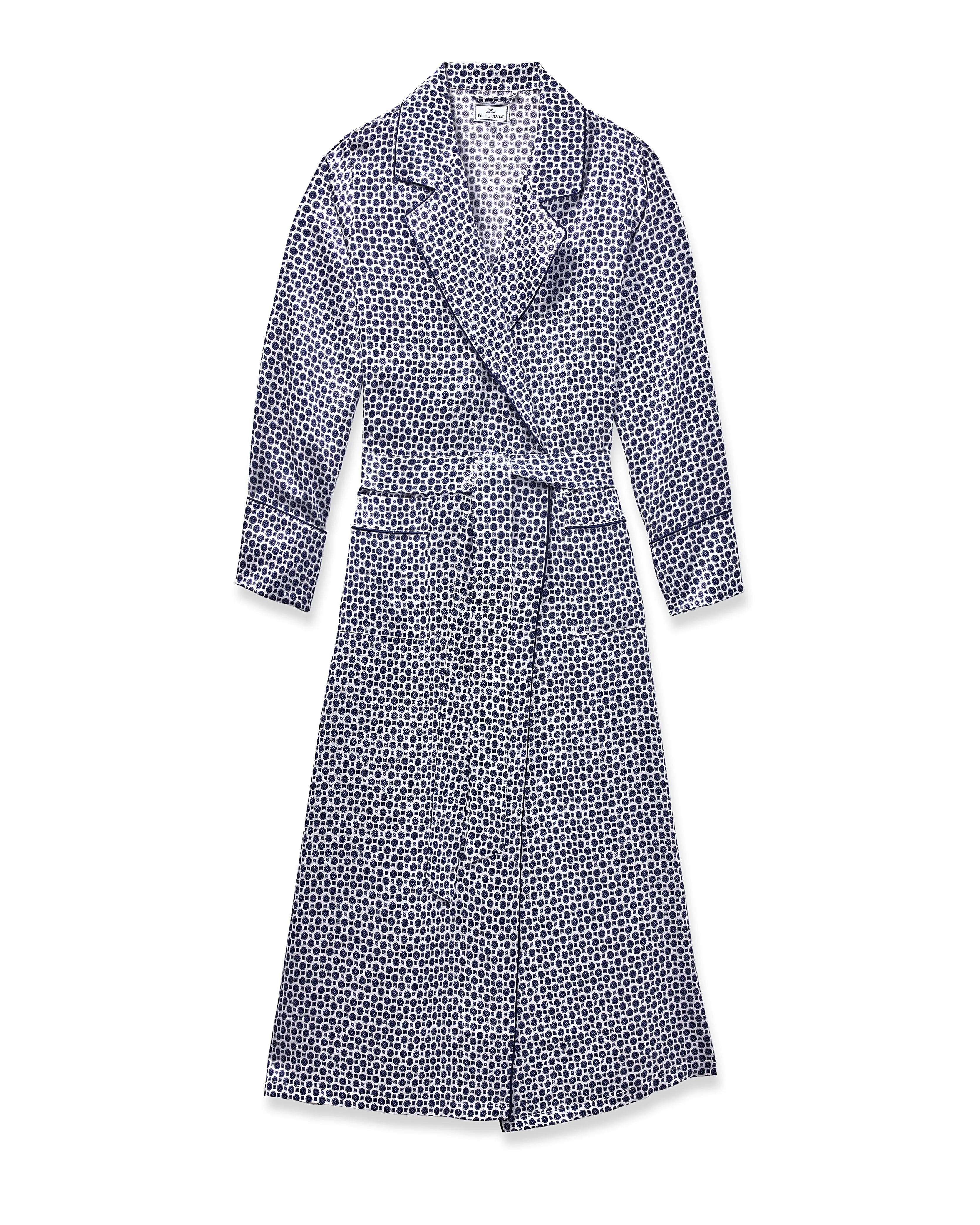 Women's Silk Robe in Navy Foulard sold by Petite Plume