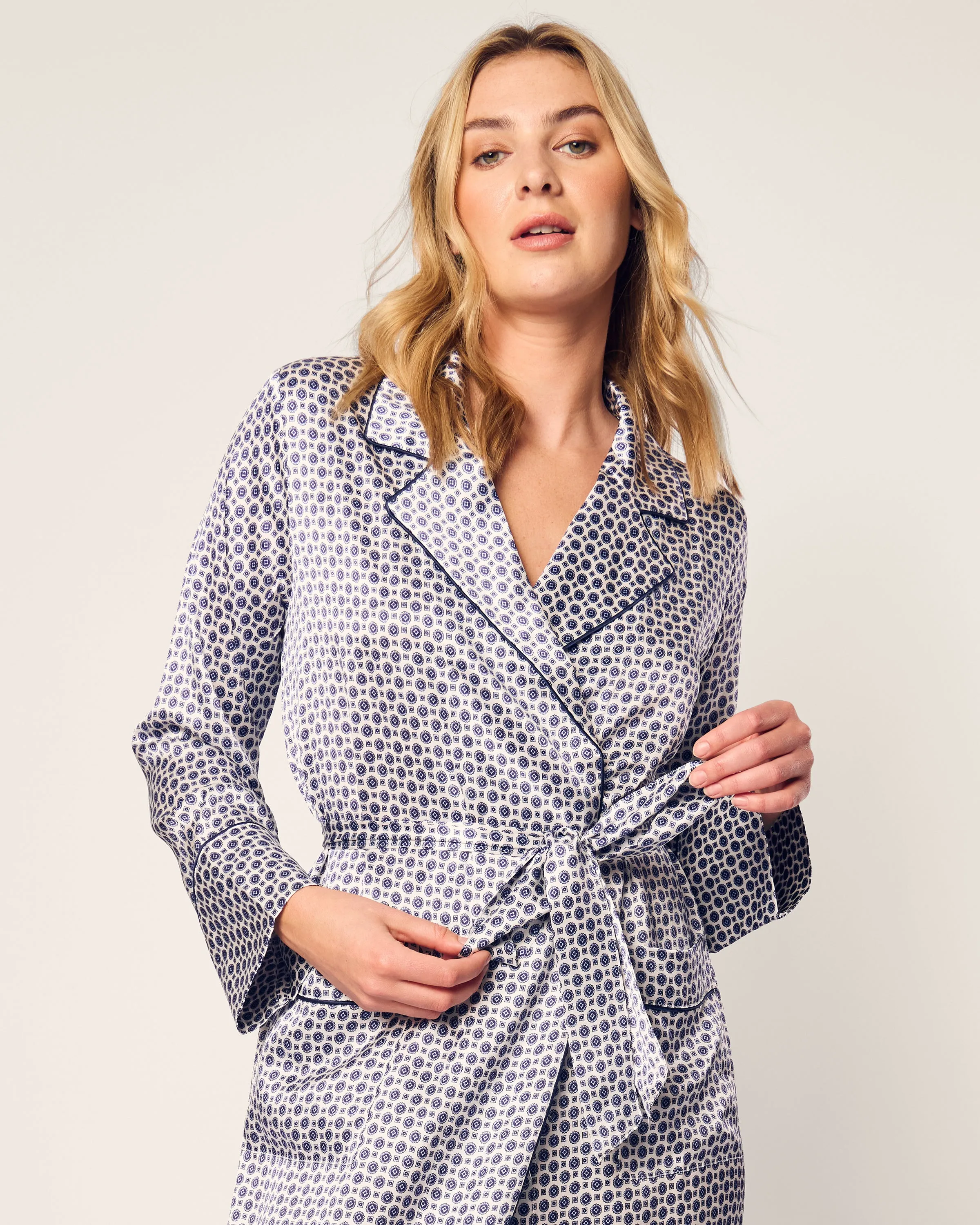 Women's Silk Robe in Navy Foulard sold by Petite Plume product image thumbnail 5