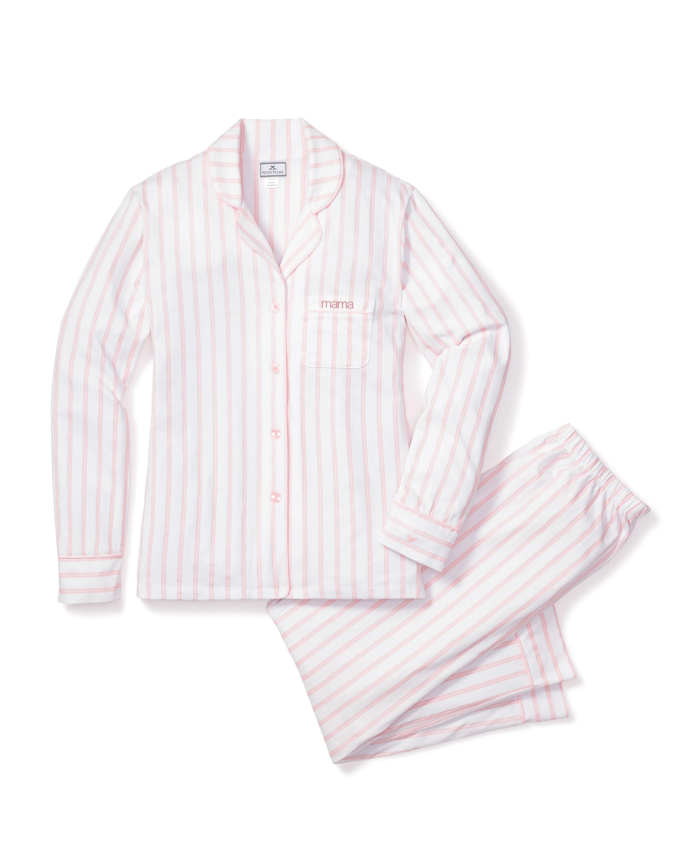 Women's Pima Pajama Set in Pink Stripe with Mama Embroidery sold by Petite Plume