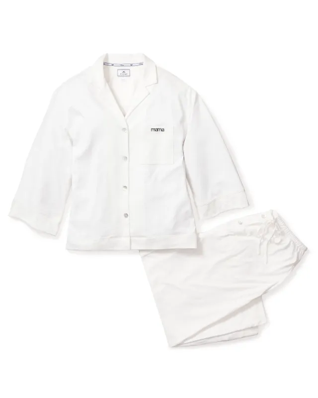 The Olivia Wide Leg Pima Pajama Set in White with Mama Embroidery sold by Petite Plume