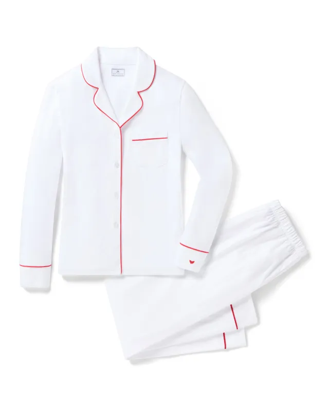 Women's White Pima Pajama Set with Red Piping sold by Petite Plume