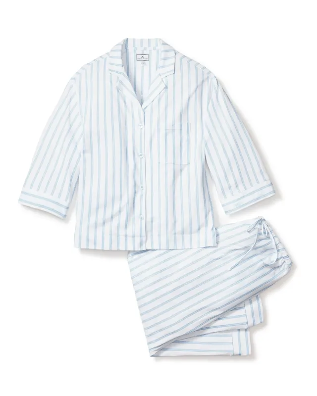 The Olivia Wide Leg Pima Pajama Set in Periwinkle and White Stripe sold by Petite Plume