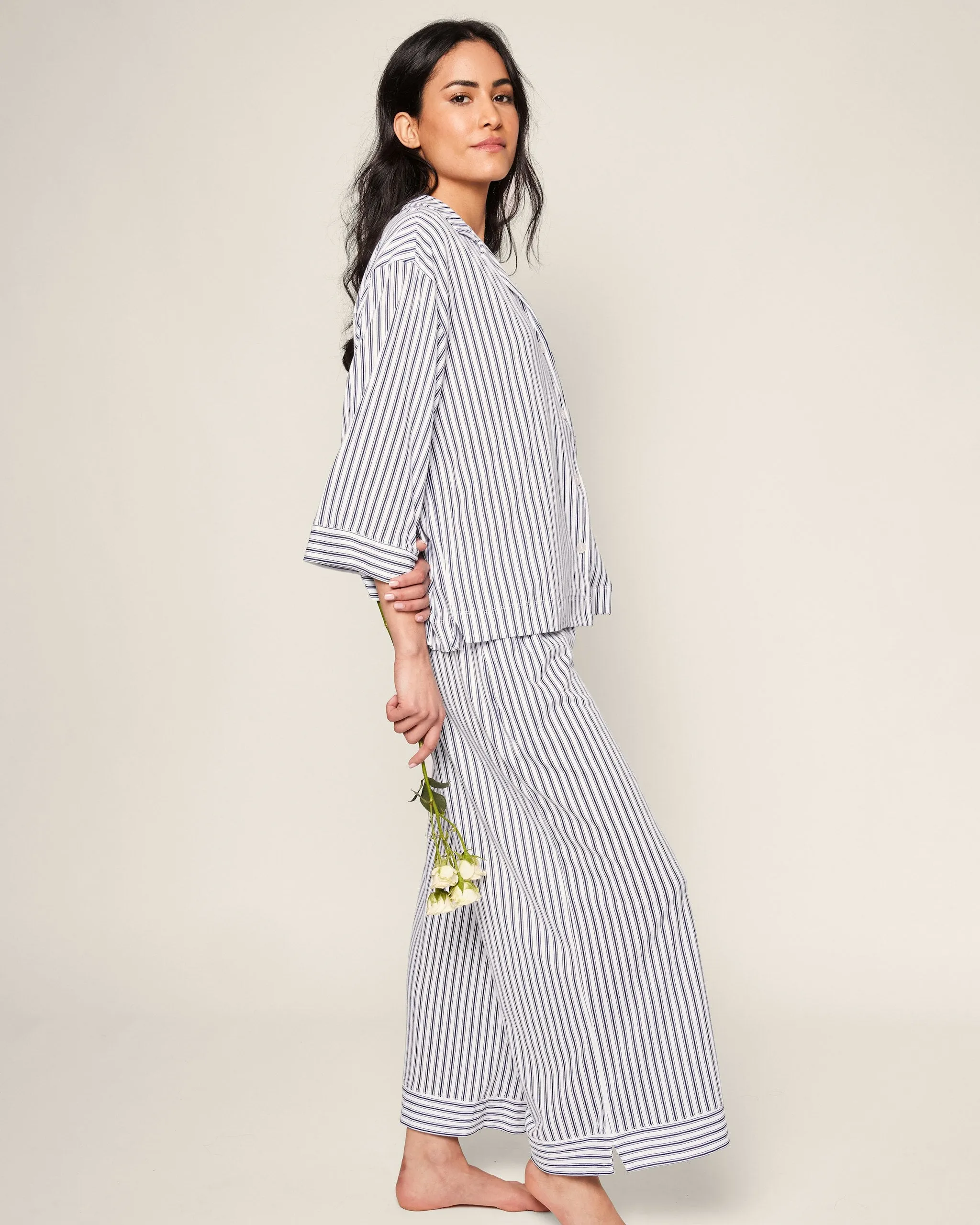 The Olivia Wide Leg Pima Pajama Set in Navy French Ticking sold by Petite Plume product image thumbnail 3