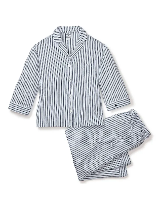 The Olivia Wide Leg Pima Pajama Set in Navy French Ticking sold by Petite Plume