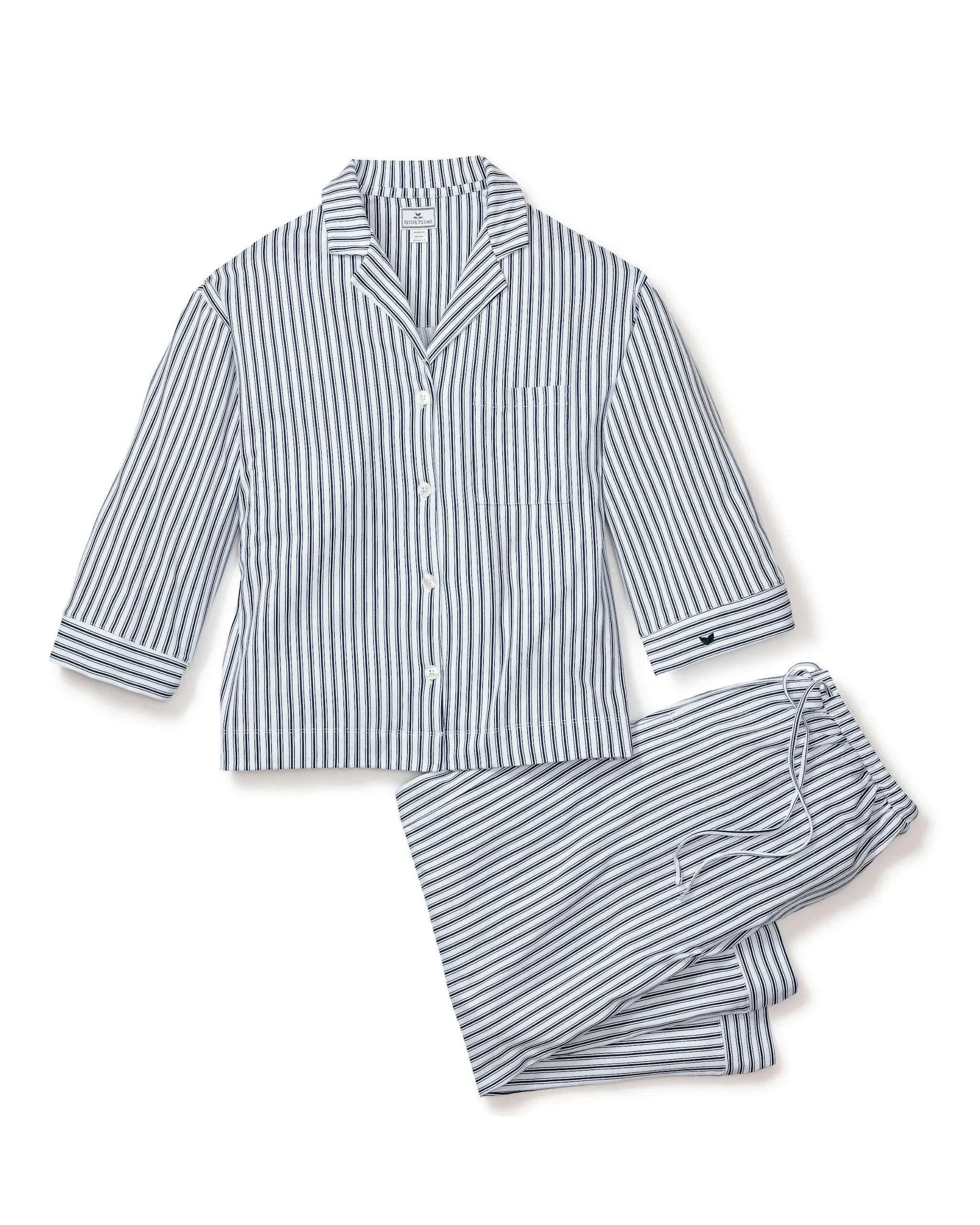 The Olivia Wide Leg Pima Pajama Set in Navy French Ticking sold by Petite Plume